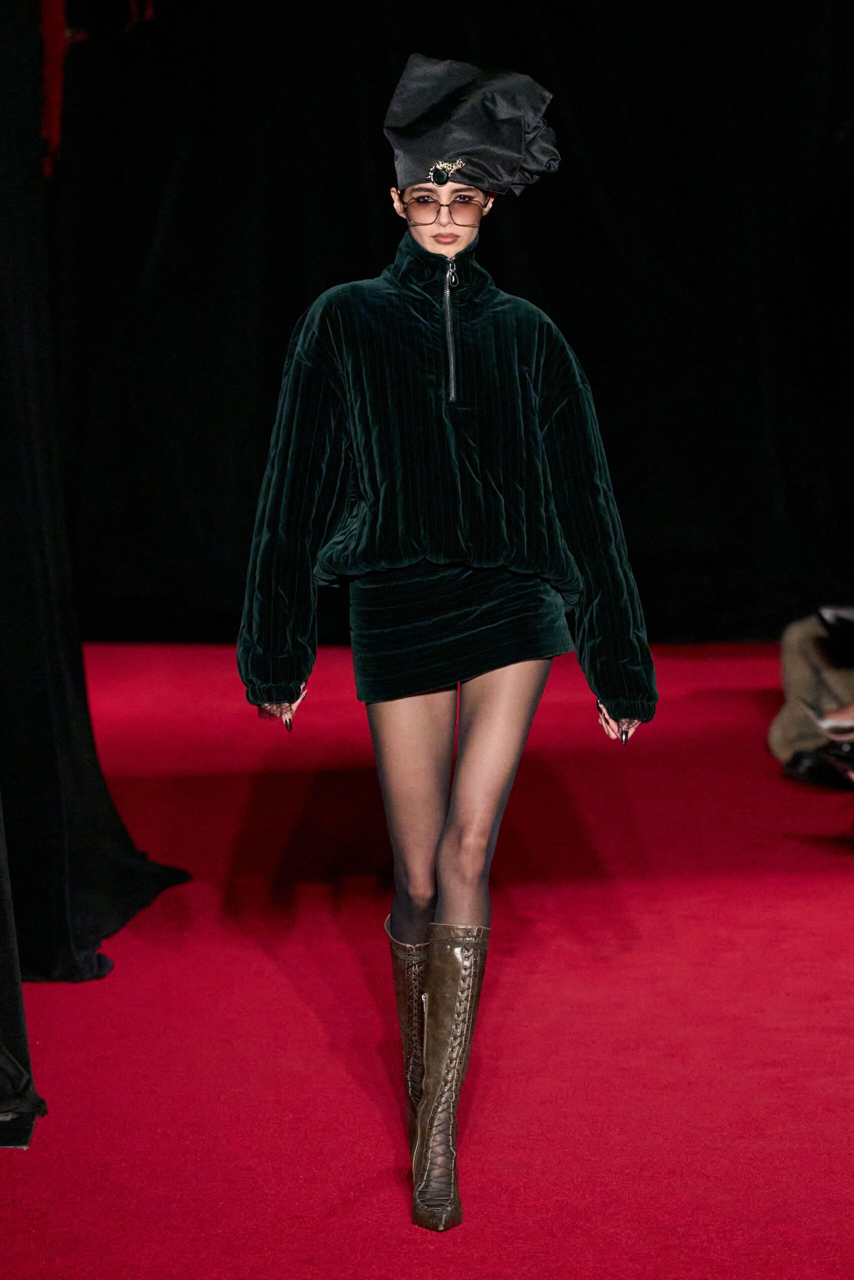 green velvet long-sleeve high-neck oversized pleated cropped top