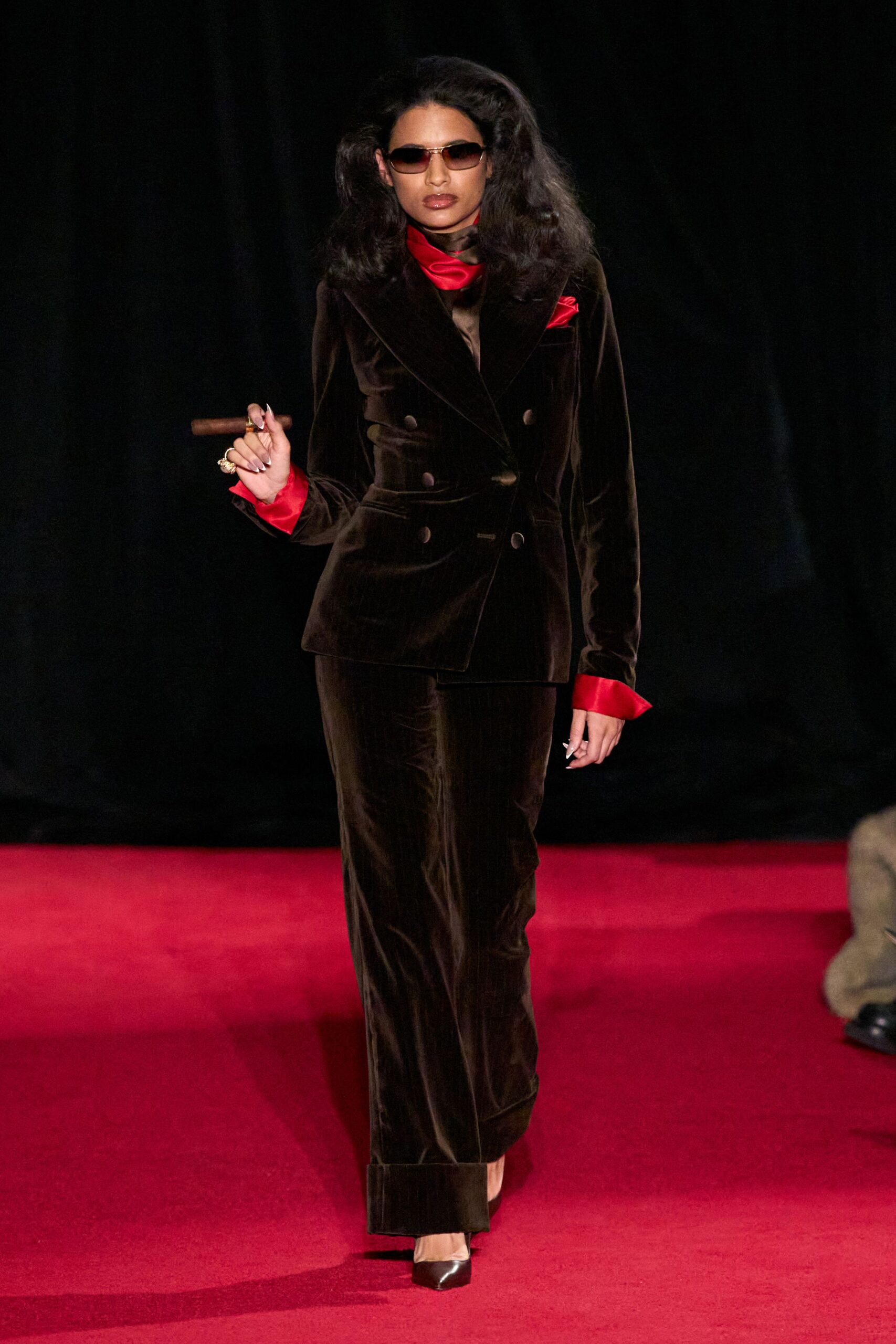 red silk long-sleeve collared fitted shirt