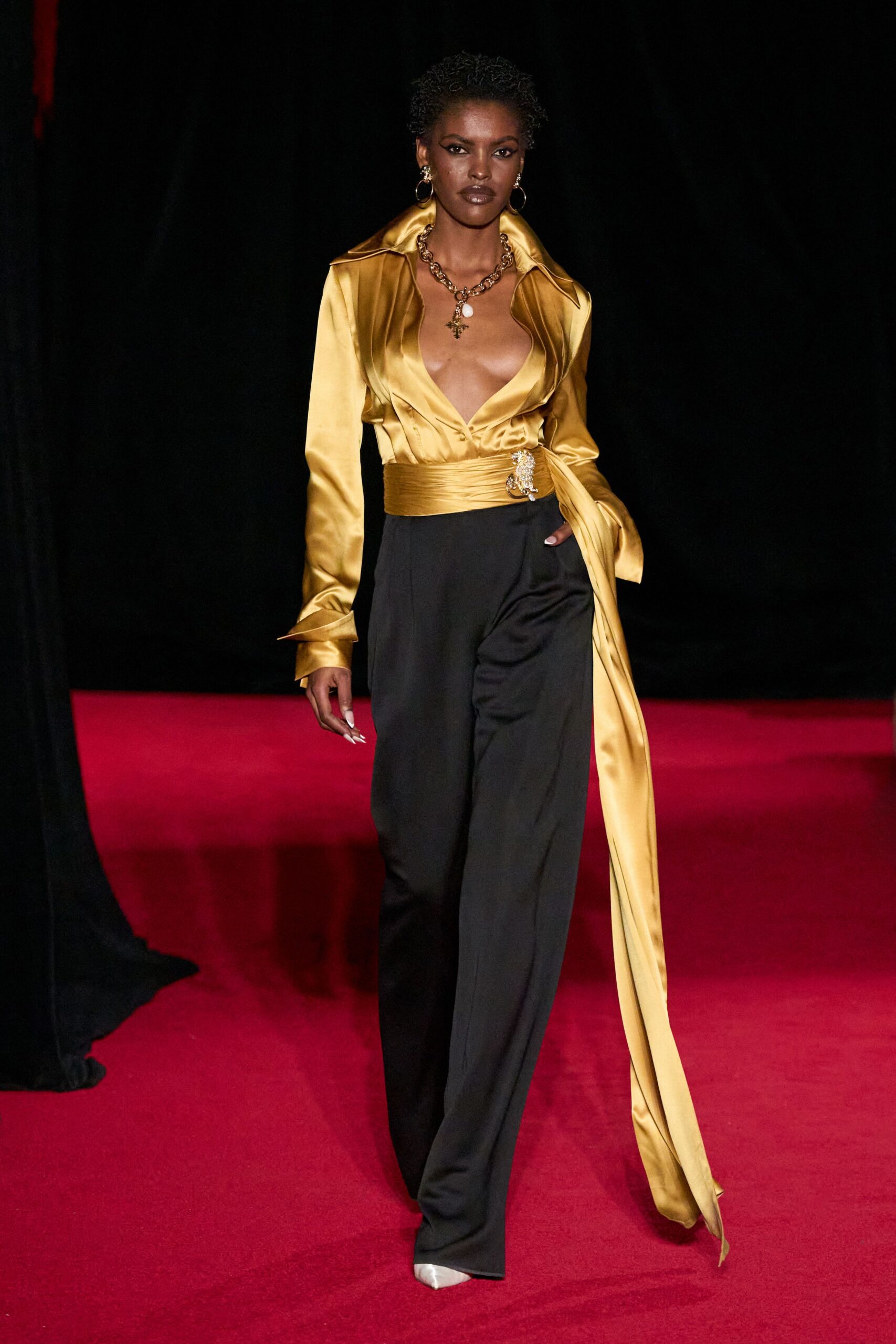 yellow silk long-sleeve v-neck fitted draped shiny blouse