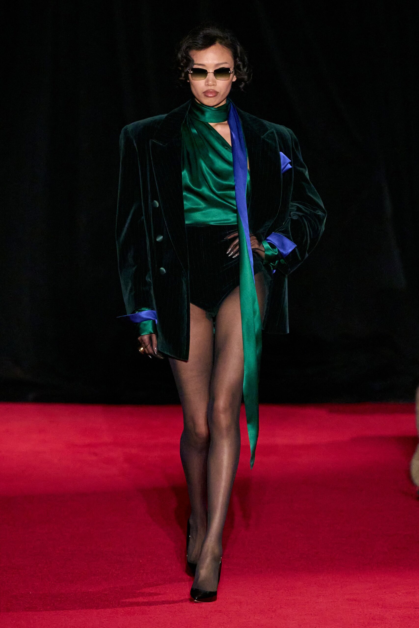 black velvet blazer with green top
