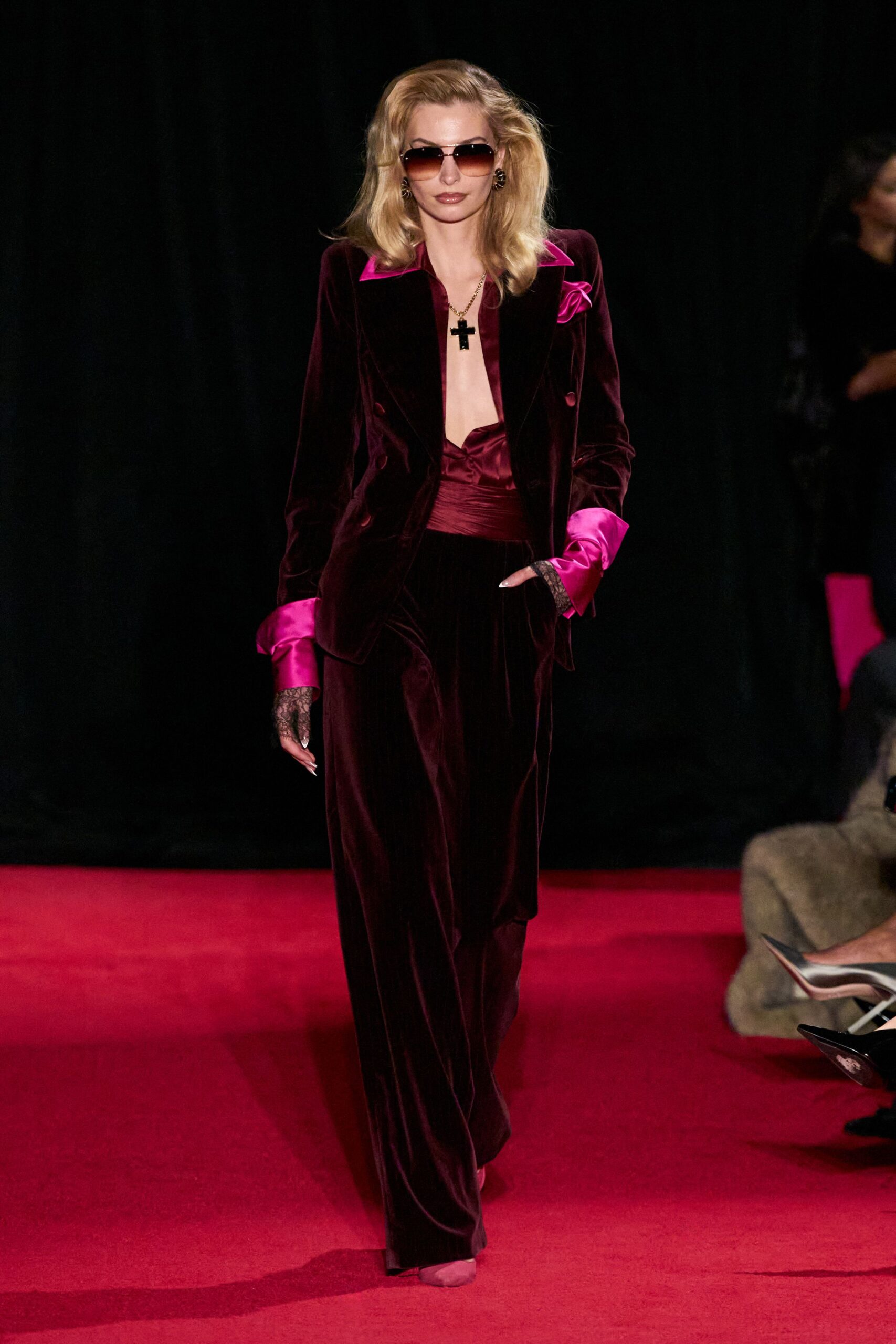 red velvet fitted straight-leg pants