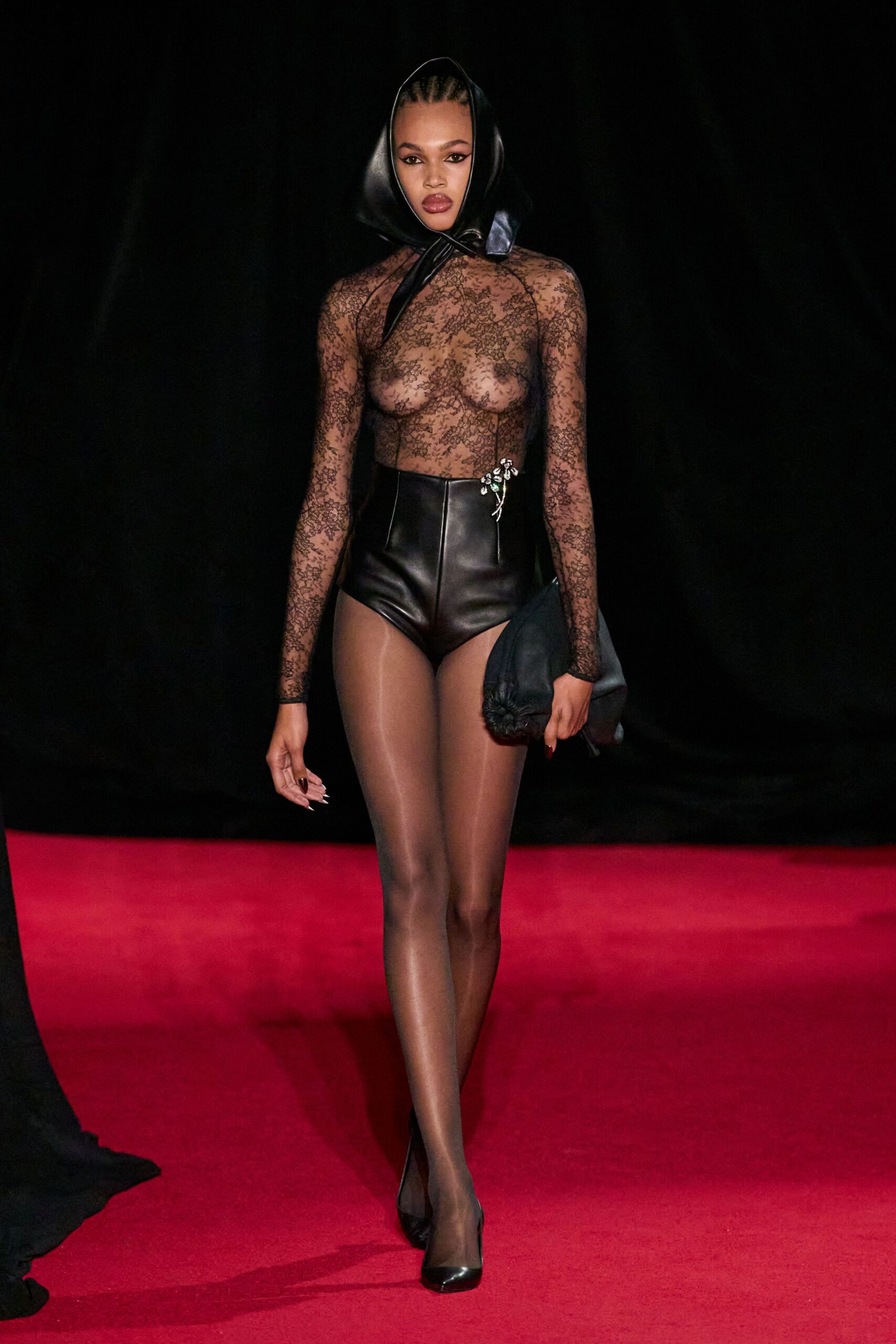 black lace top with leather shorts