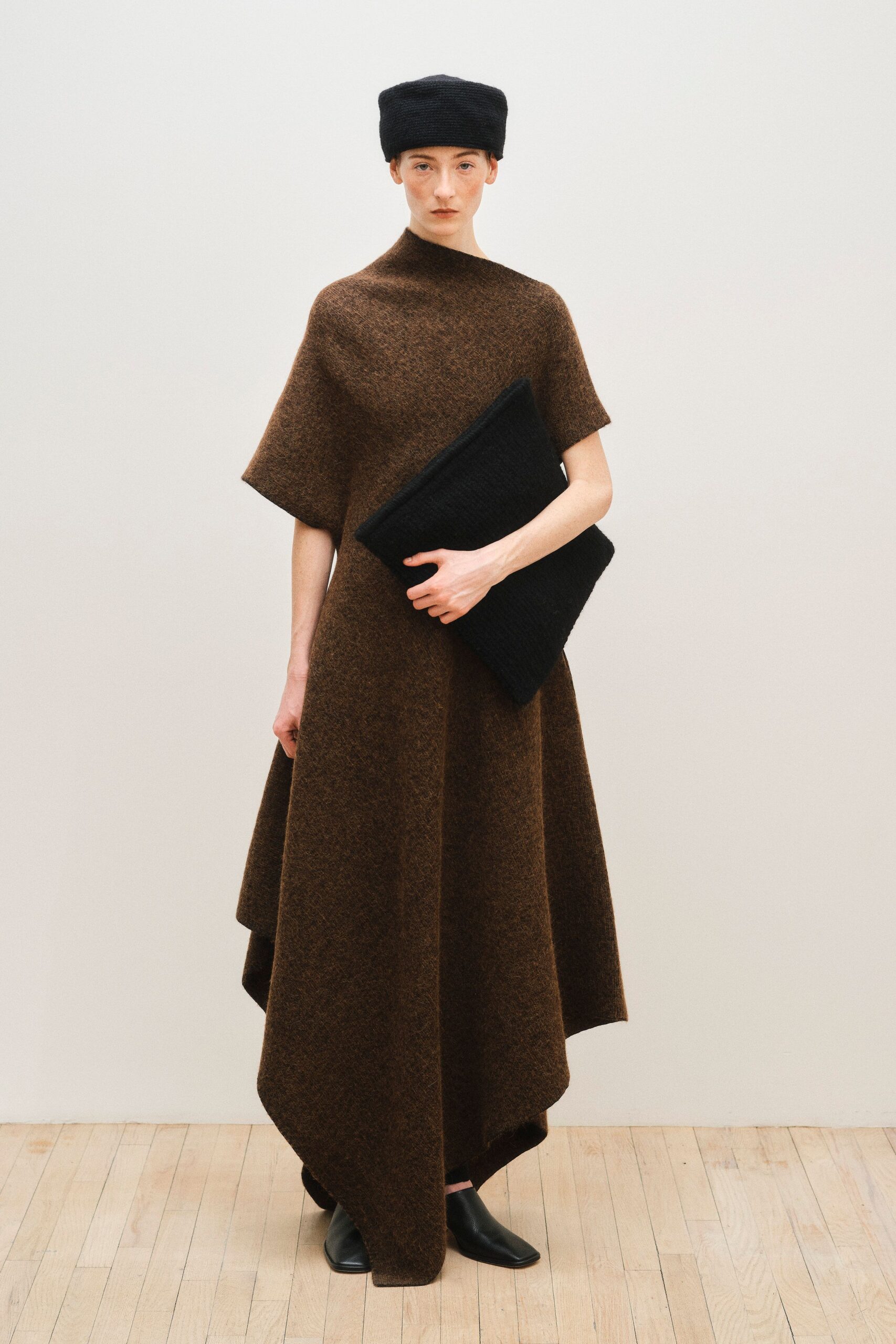 brown wool short-sleeve high-neck relaxed layered maxi dress