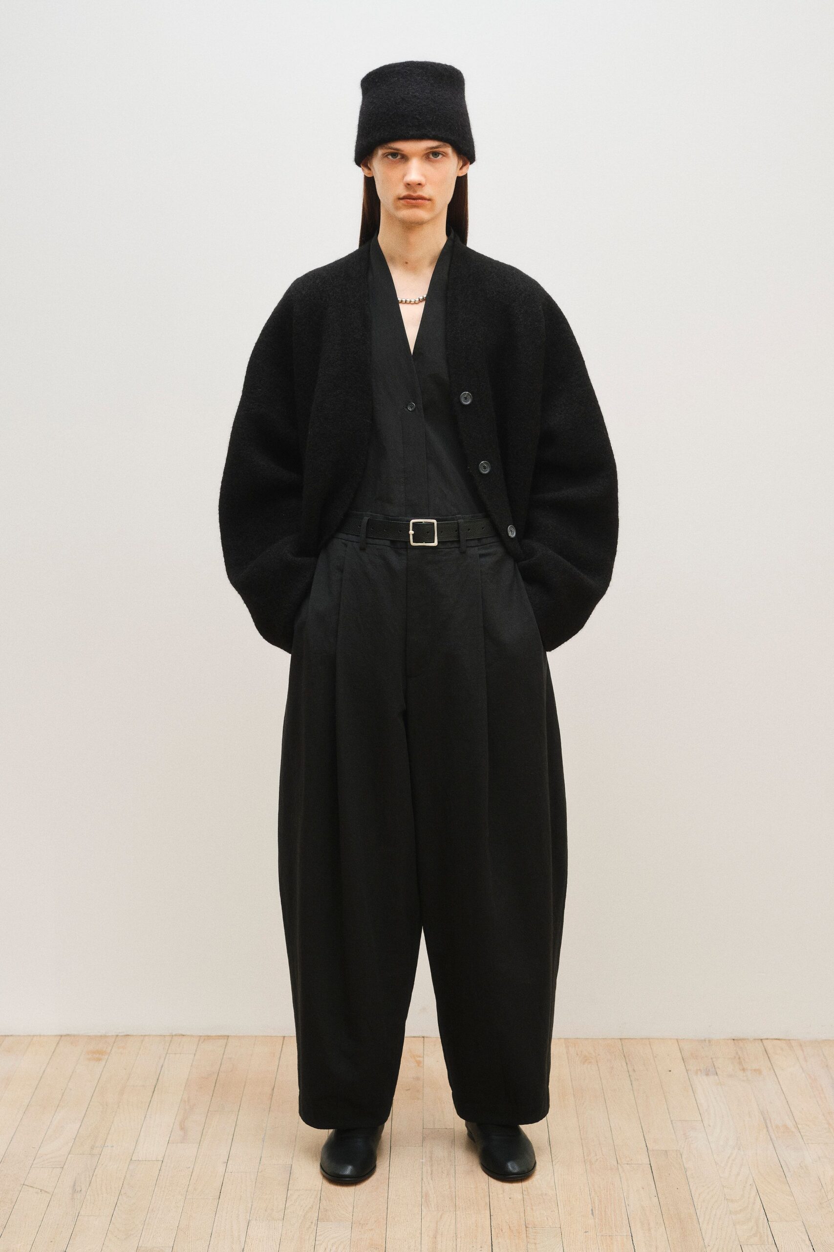 black wool long-sleeve collared oversized buttoned cardigan
