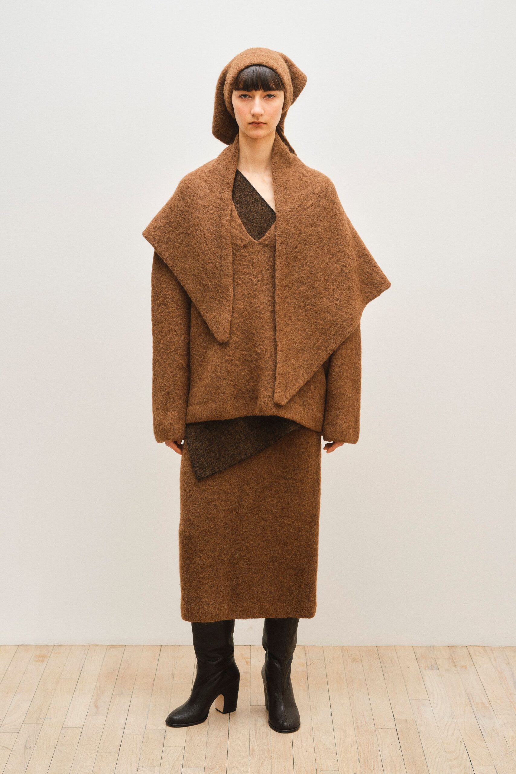 brown wool oversized layered maxi coat