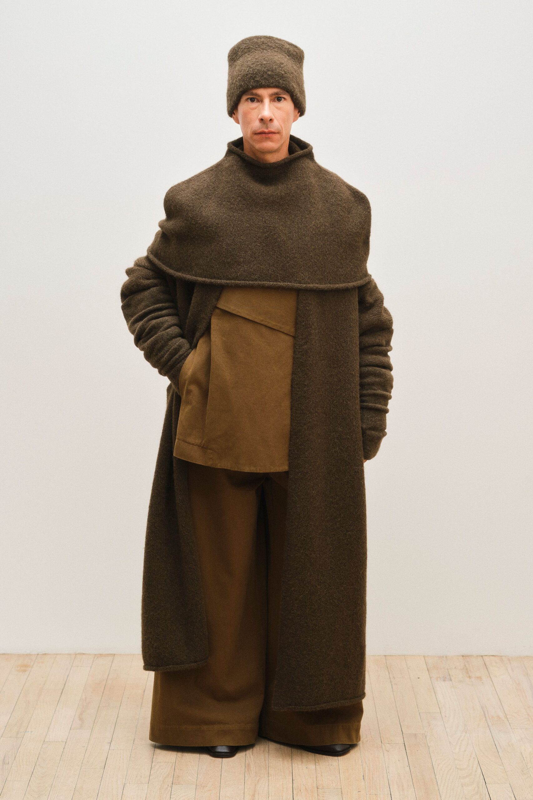 brown wool long-sleeve relaxed layered maxi coat