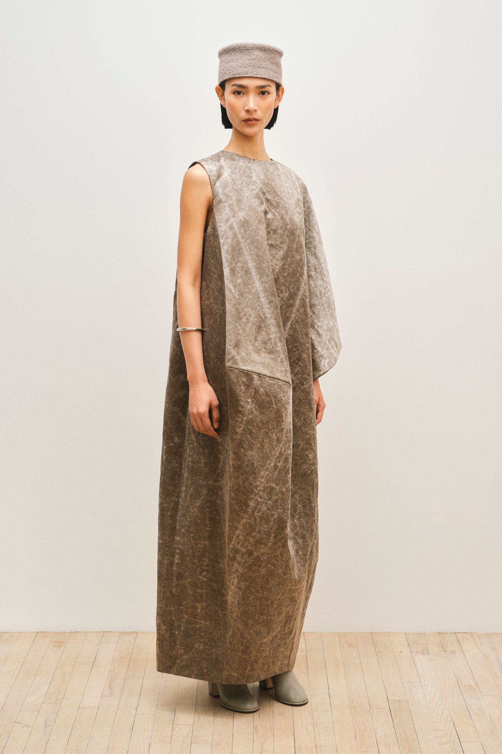 brown velvet sleeveless high-neck relaxed draped maxi gown