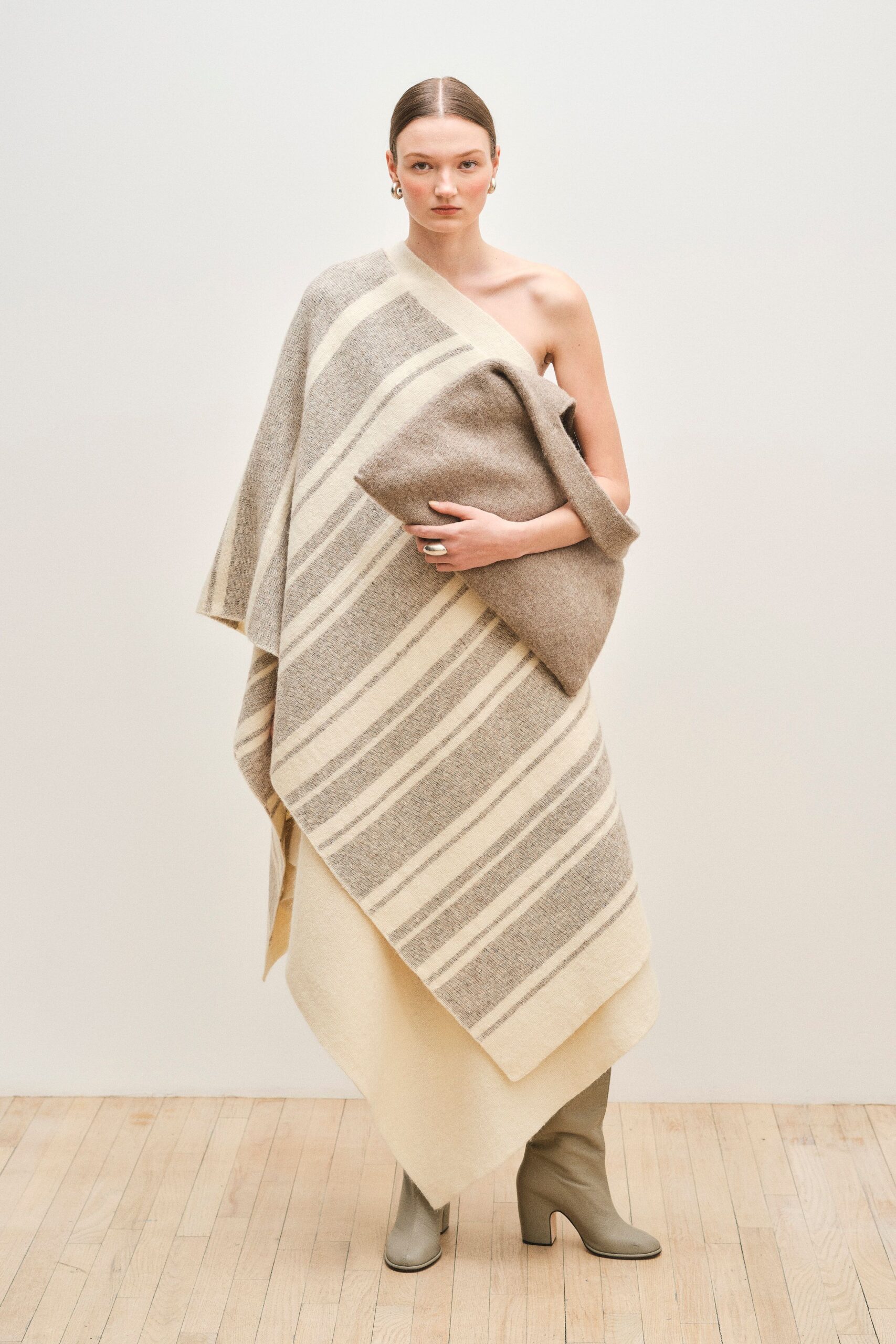 beige wool sleeveless relaxed striped maxi cape