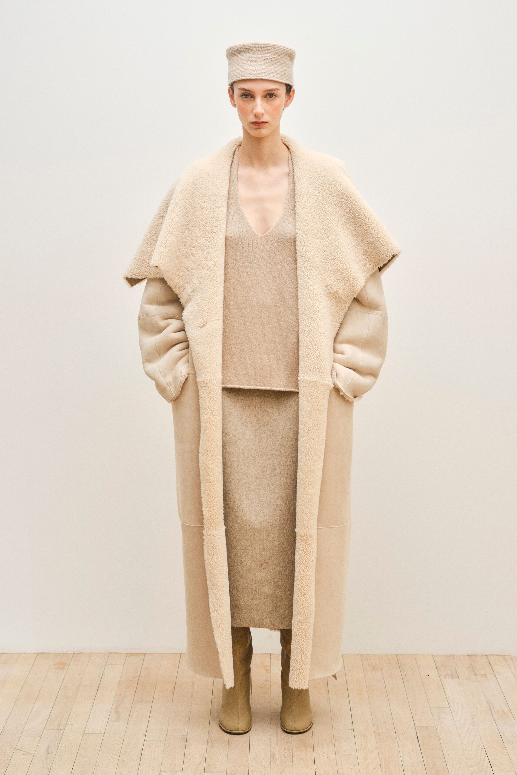 beige wool long-sleeve collared oversized layered maxi coat