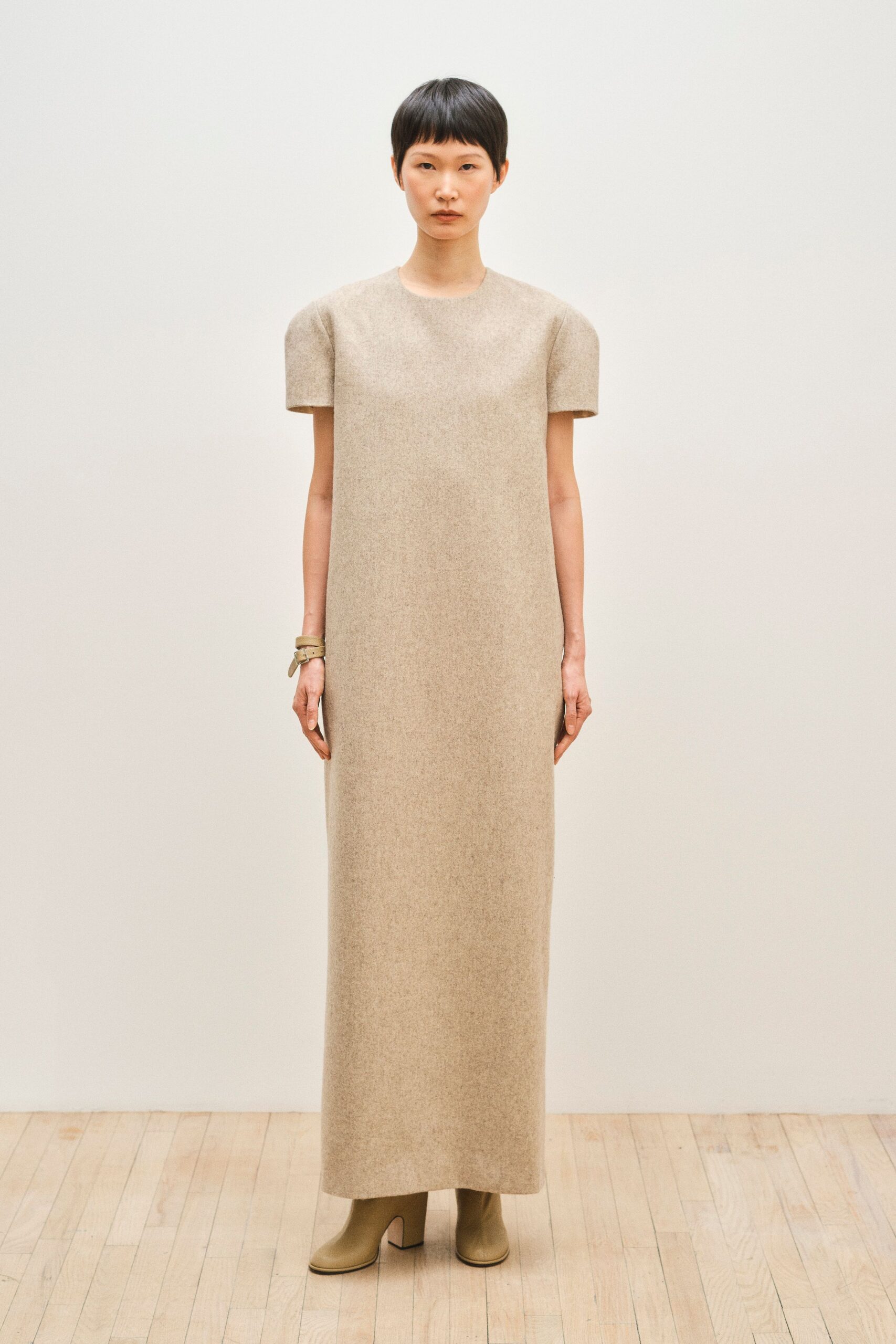 beige wool short-sleeve high-neck relaxed straight-leg maxi dress