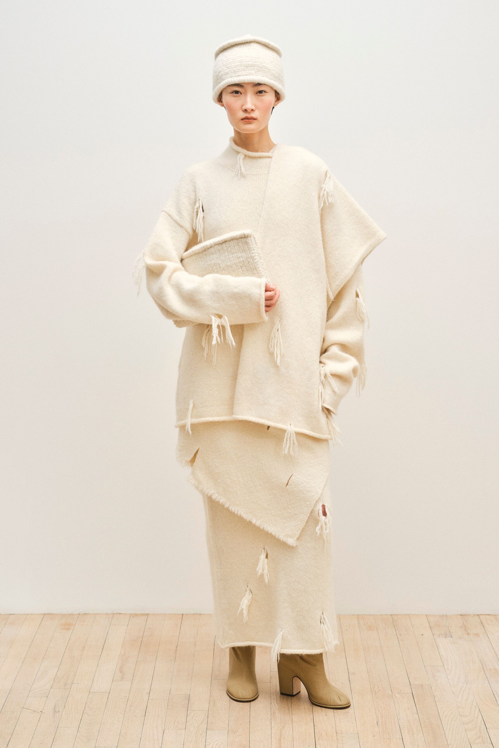 beige wool long-sleeve oversized fringed top