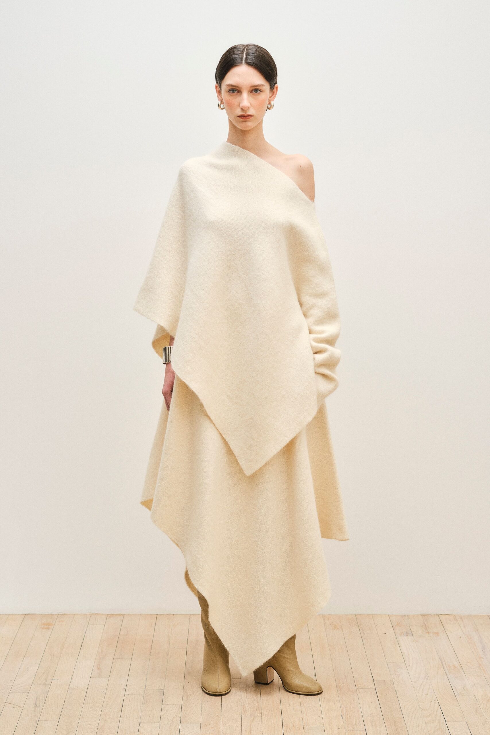 beige wool sleeveless asymmetric relaxed draped midi dress