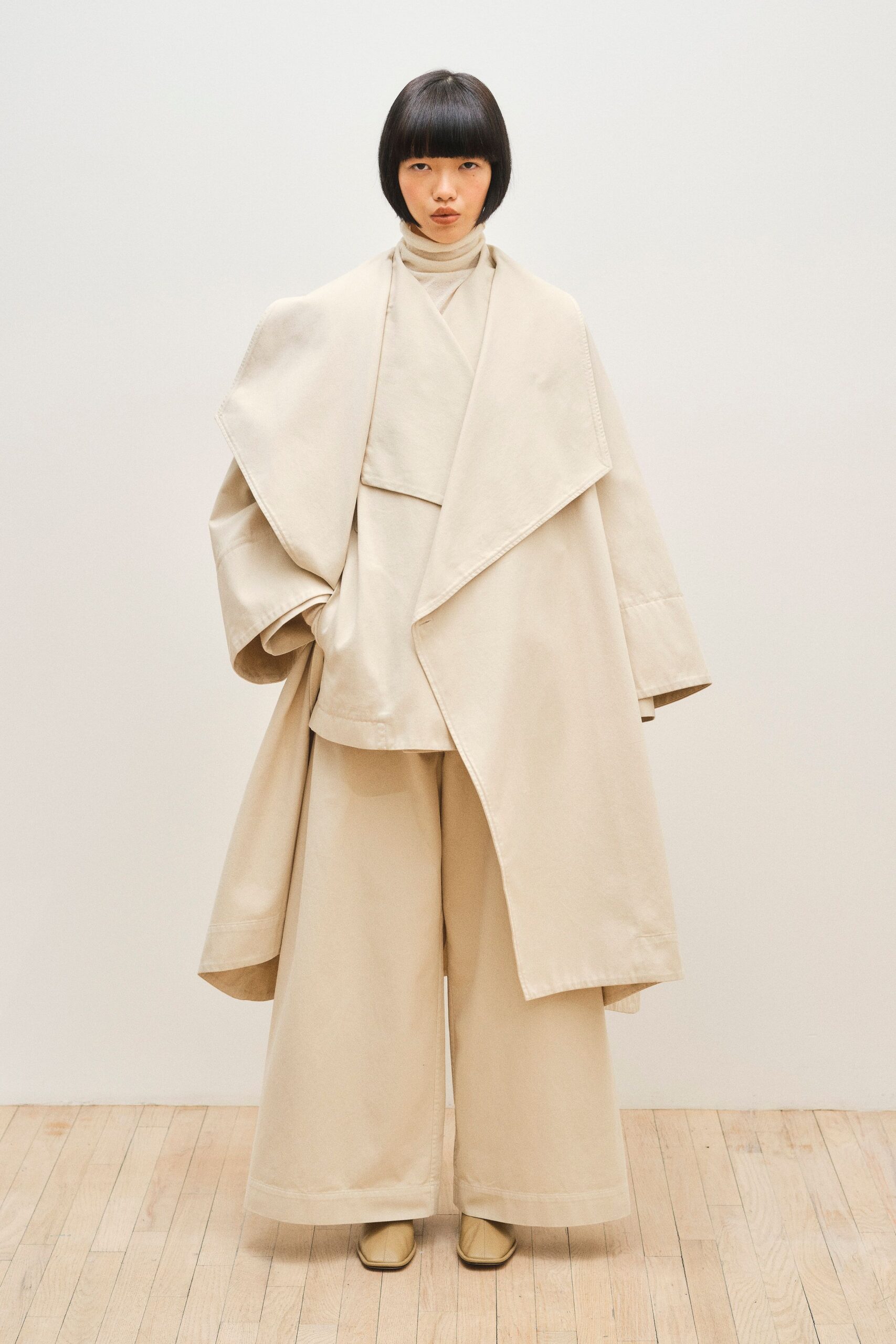 beige relaxed coat and pants