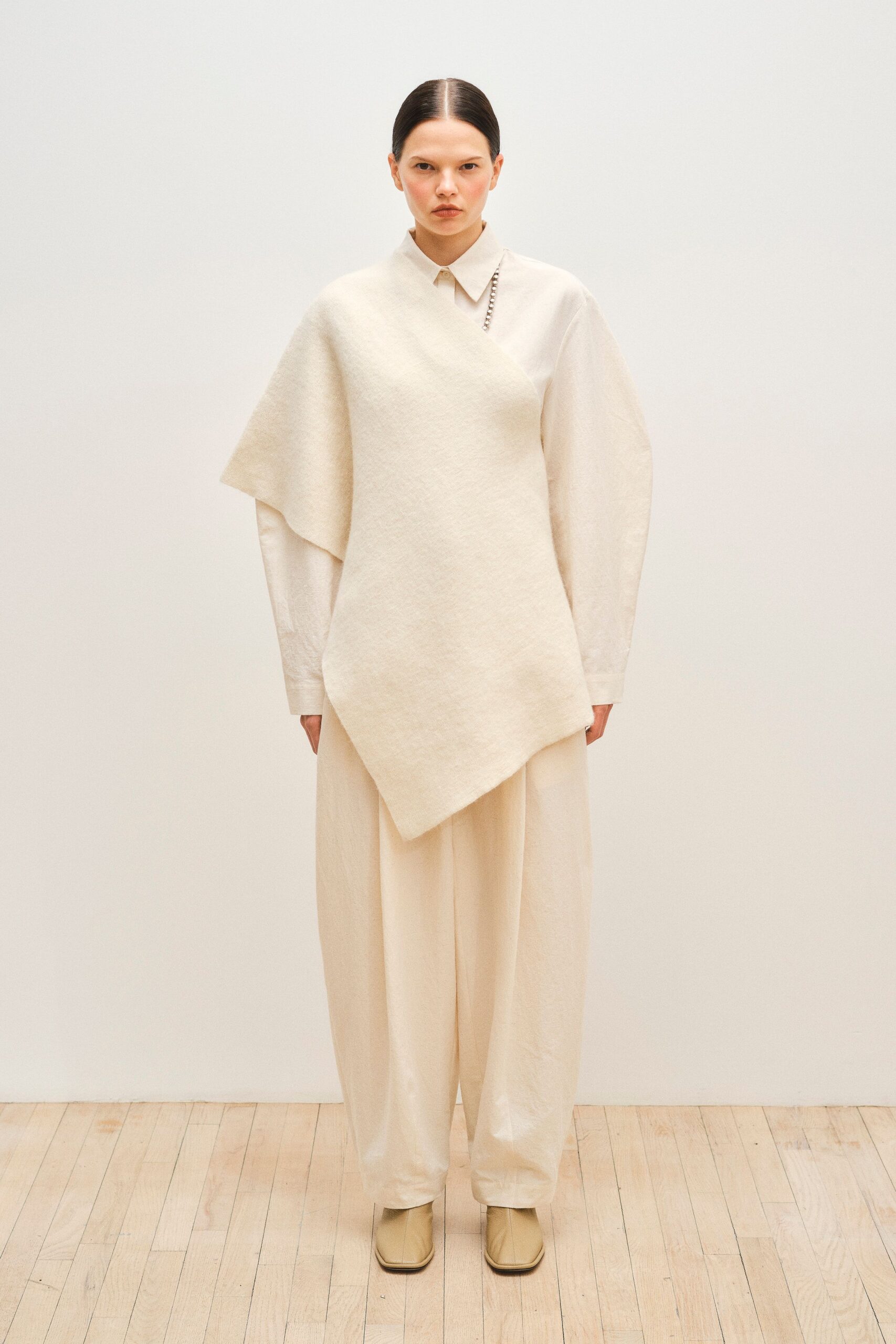 white cotton long-sleeve collared relaxed top