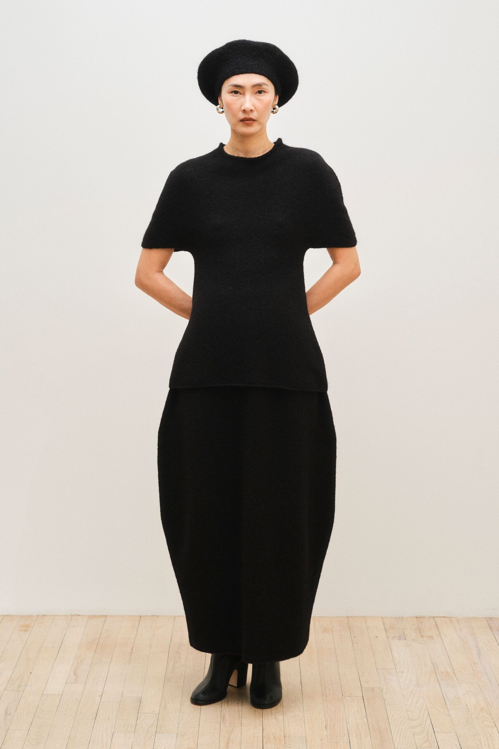 black wool top and skirt