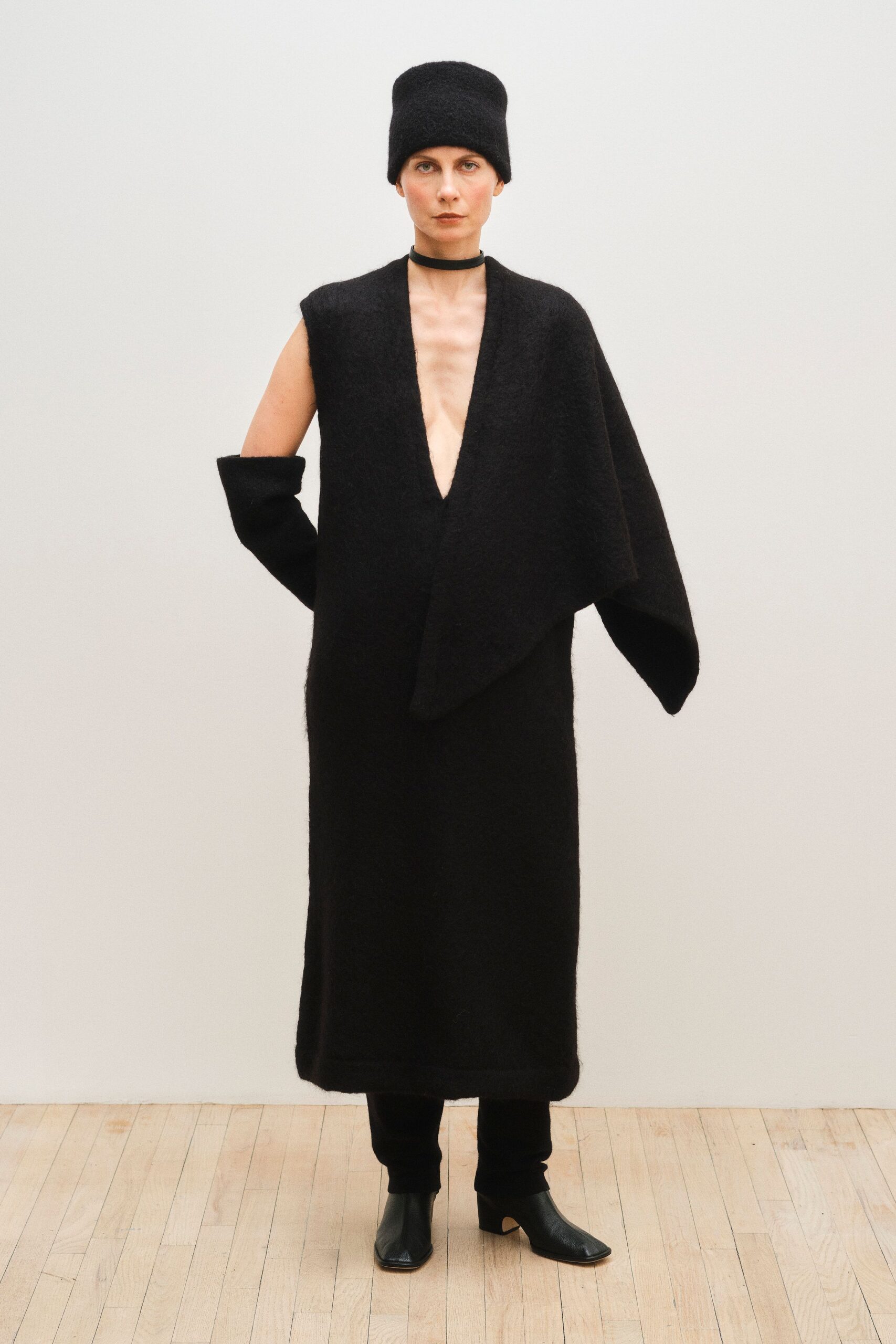 black wool sleeveless v-neck relaxed draped maxi dress
