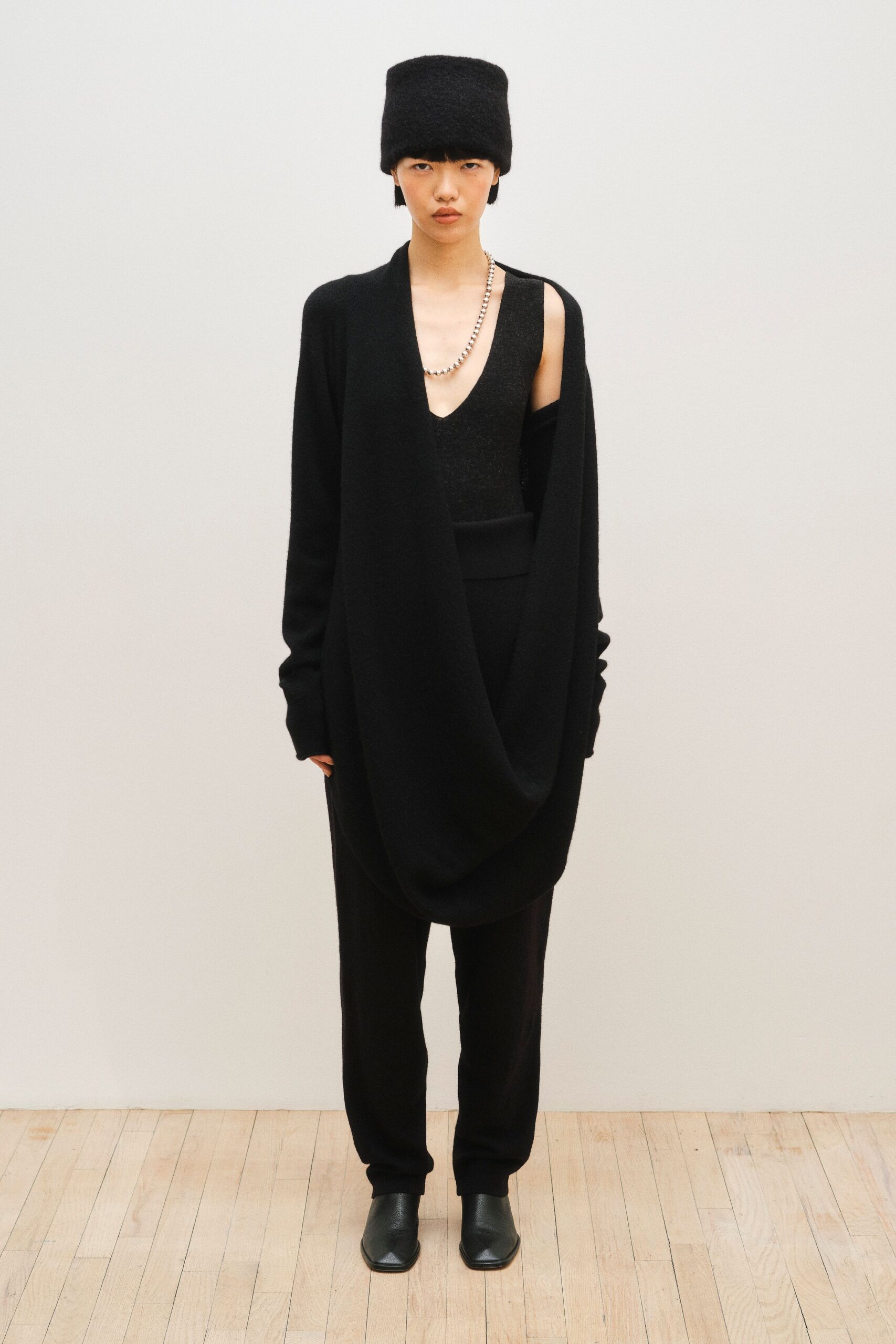 black wool long-sleeve v-neck oversized draped cardigan