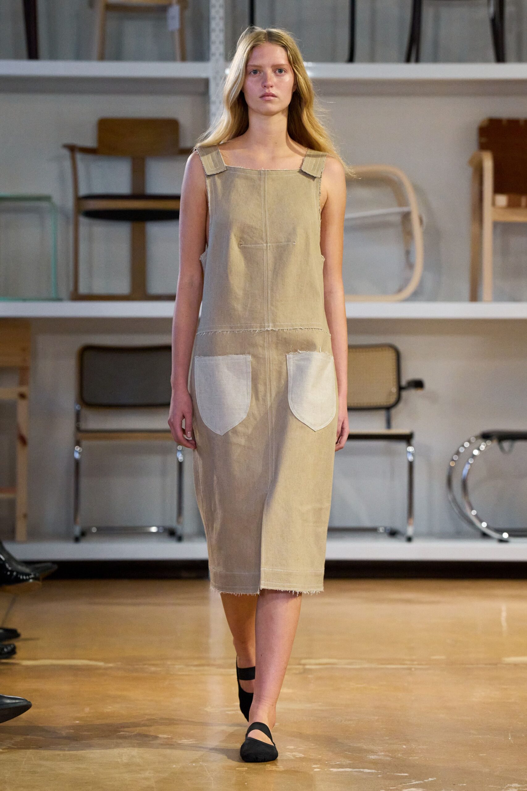 beige denim midi dress with pockets