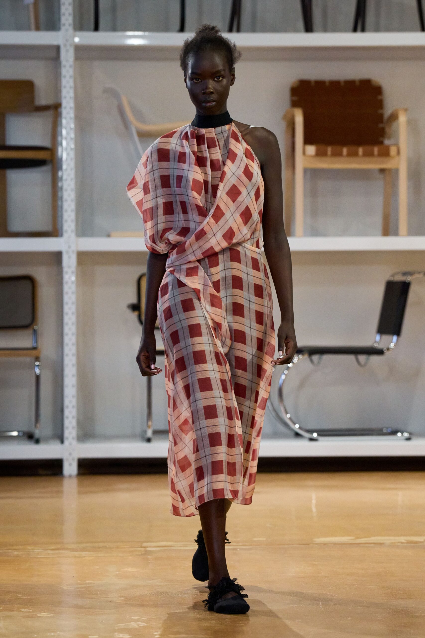 red and white checked midi dress
