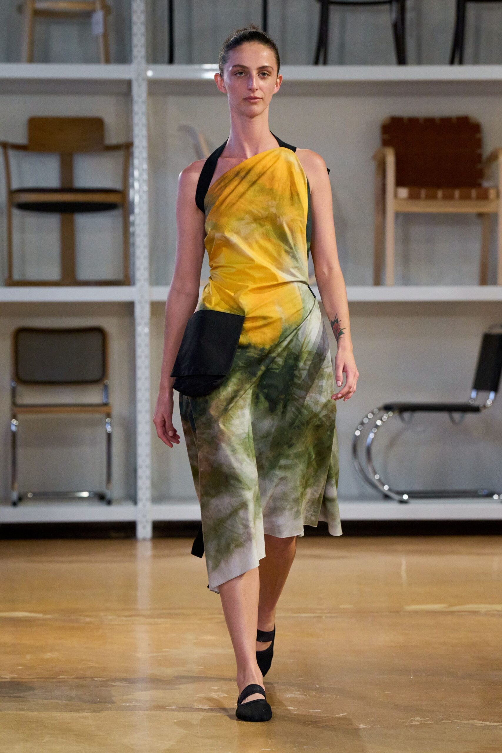 yellow green draped midi dress