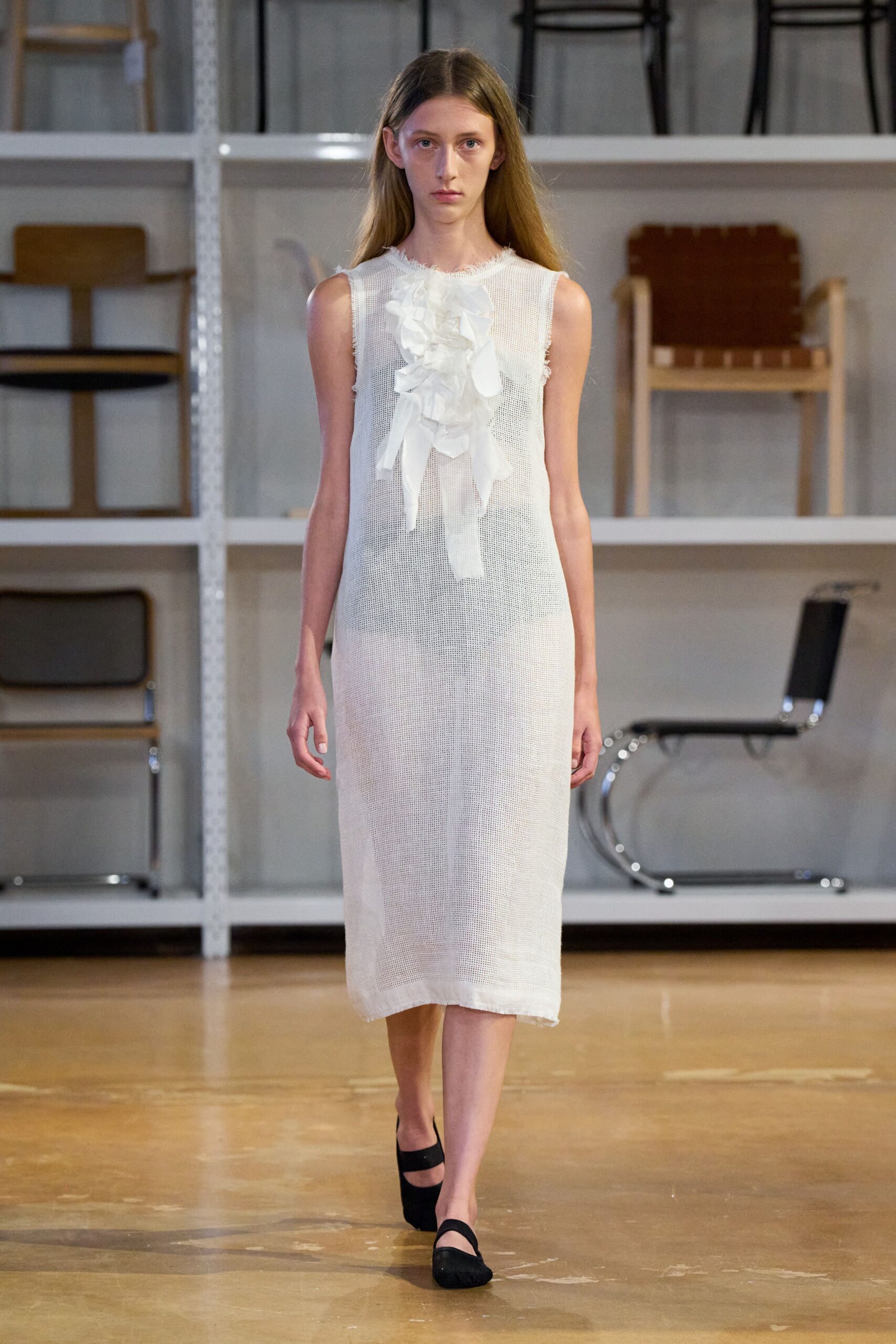 white ruffled midi dress with black shoes