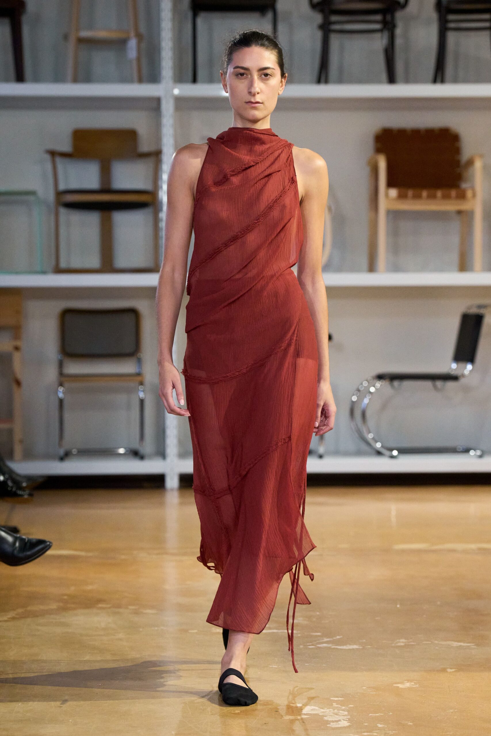 red silk draped midi dress