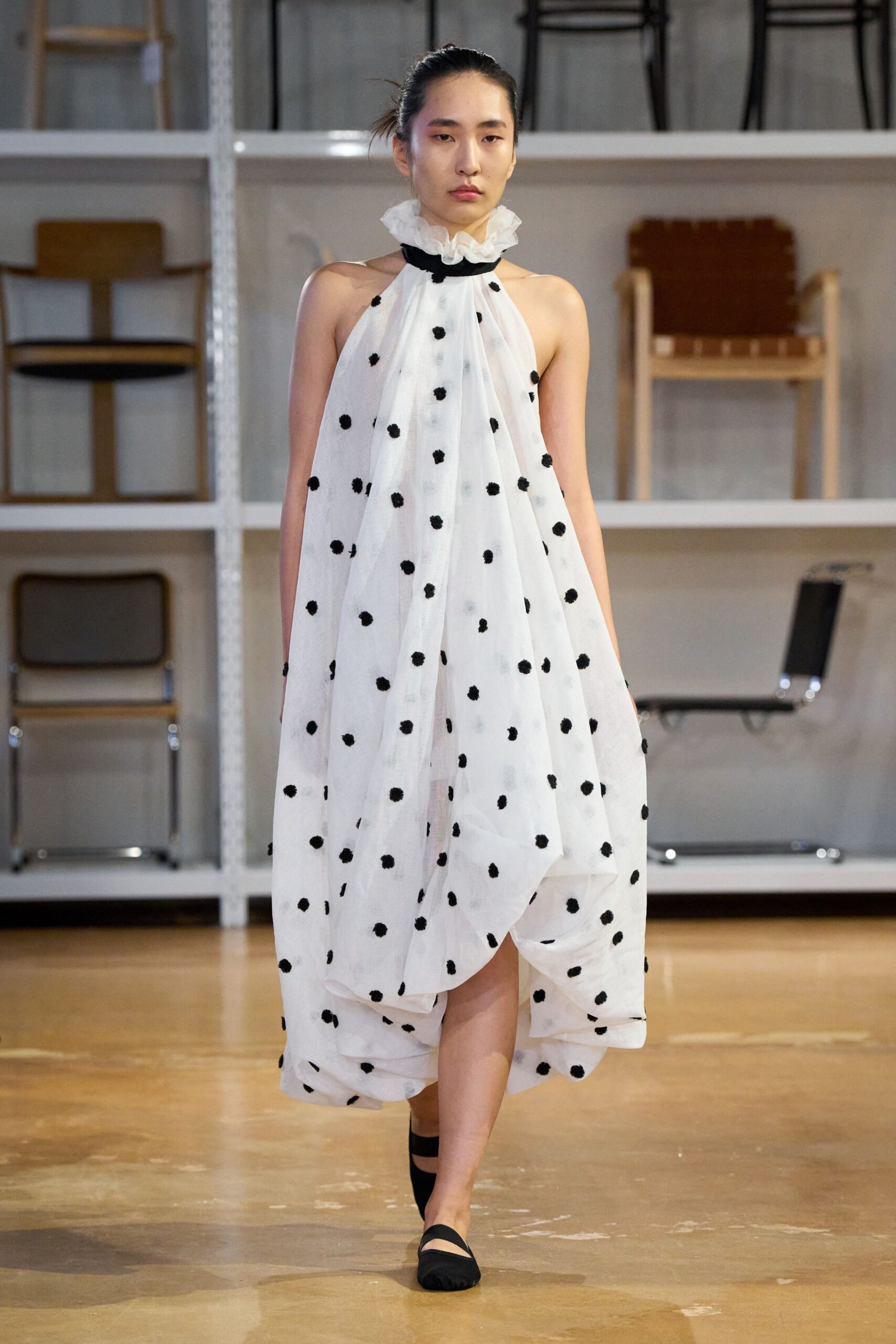 white polka-dot midi dress