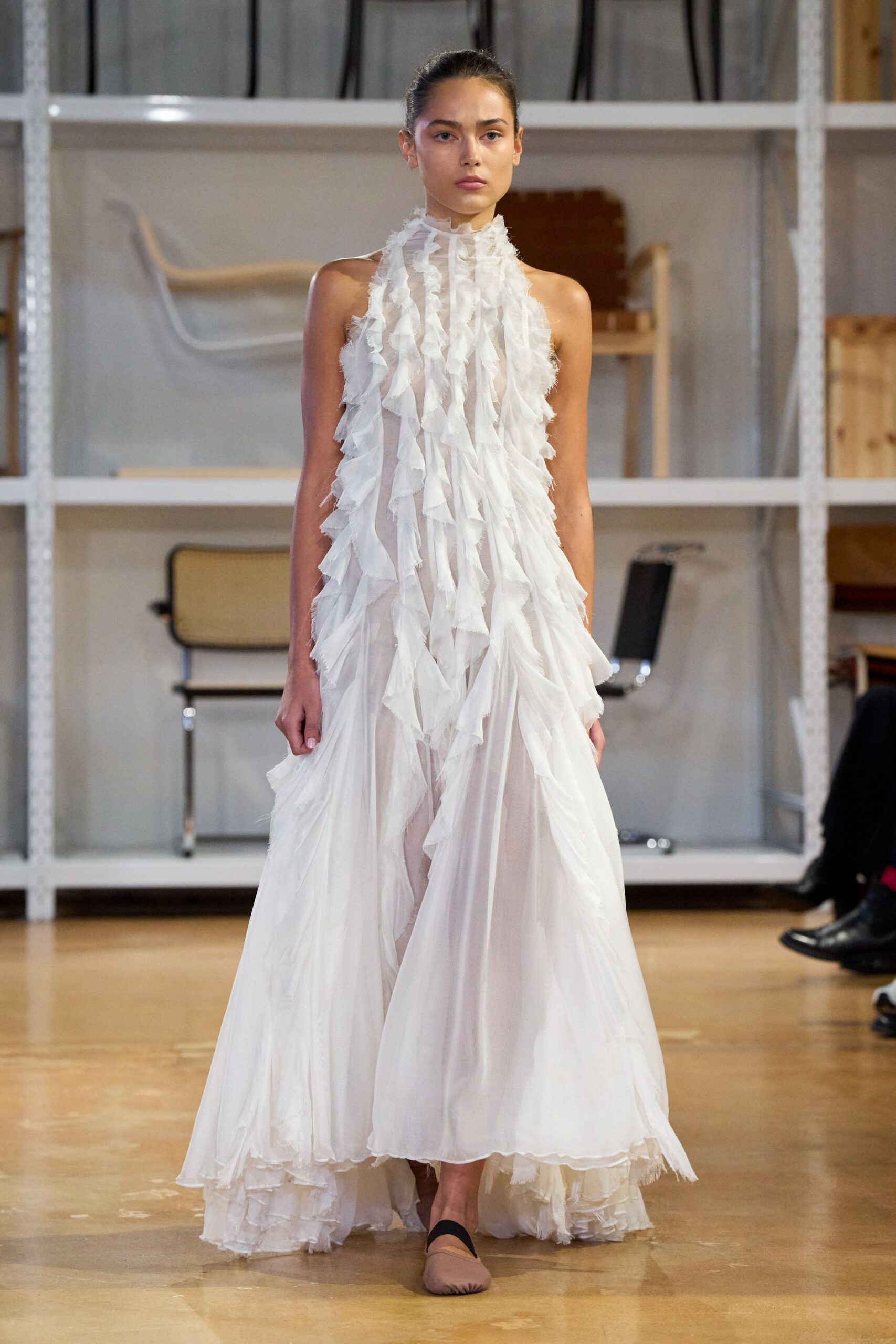 white ruffled maxi gown