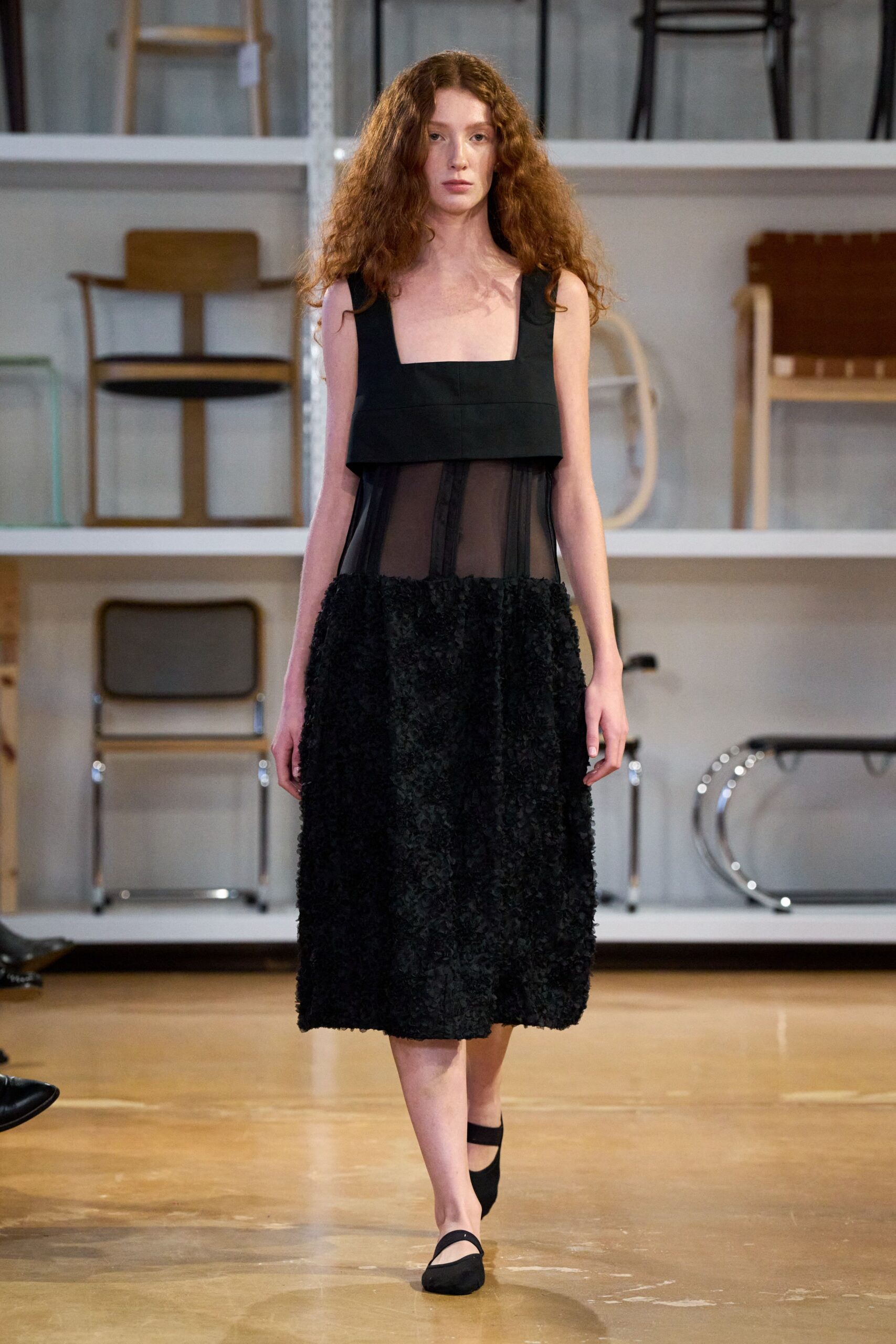 black midi dress with sheer details