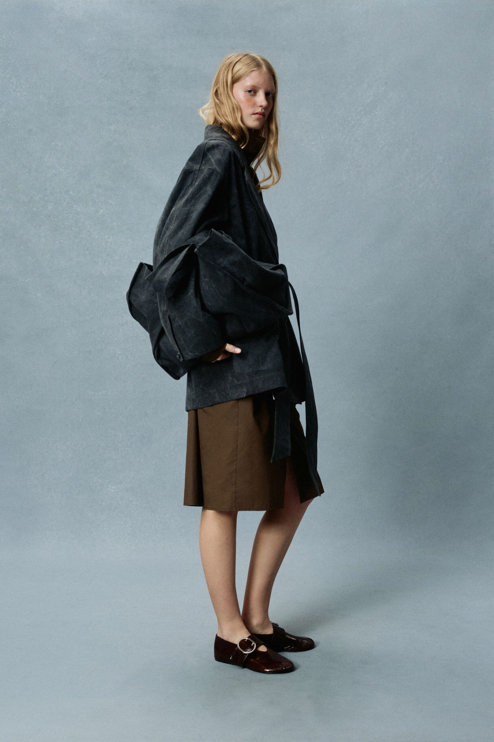 brown cotton fitted straight-leg skirt
