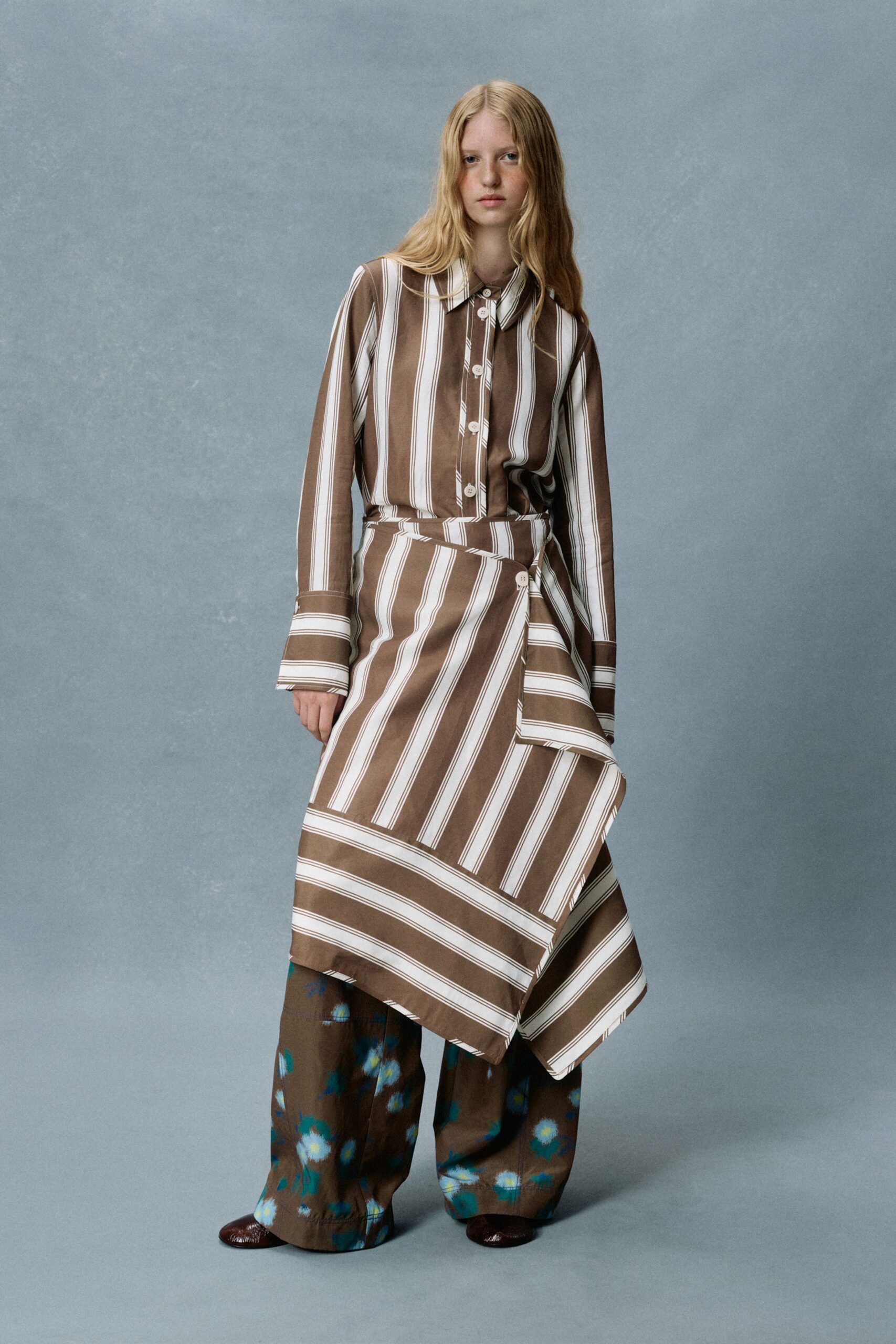 brown cotton long-sleeve collared relaxed striped belted shirt-dress