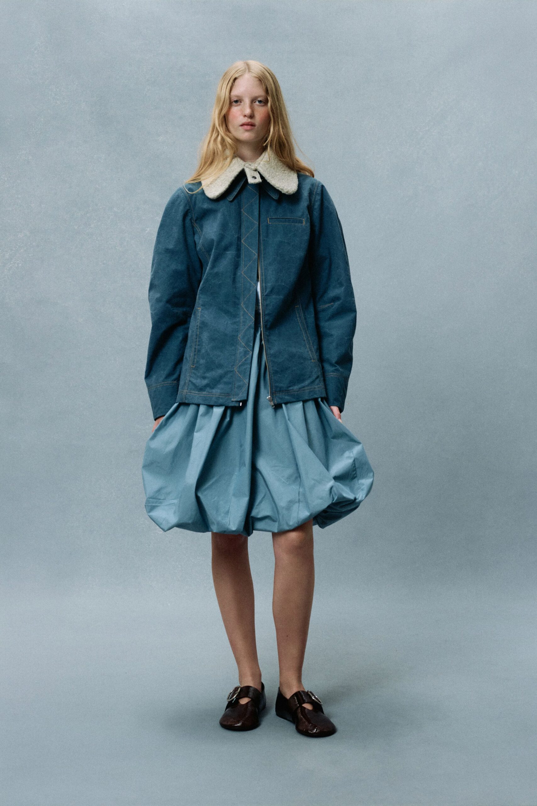 blue cotton sleeveless high-neck fitted pleated mini dress