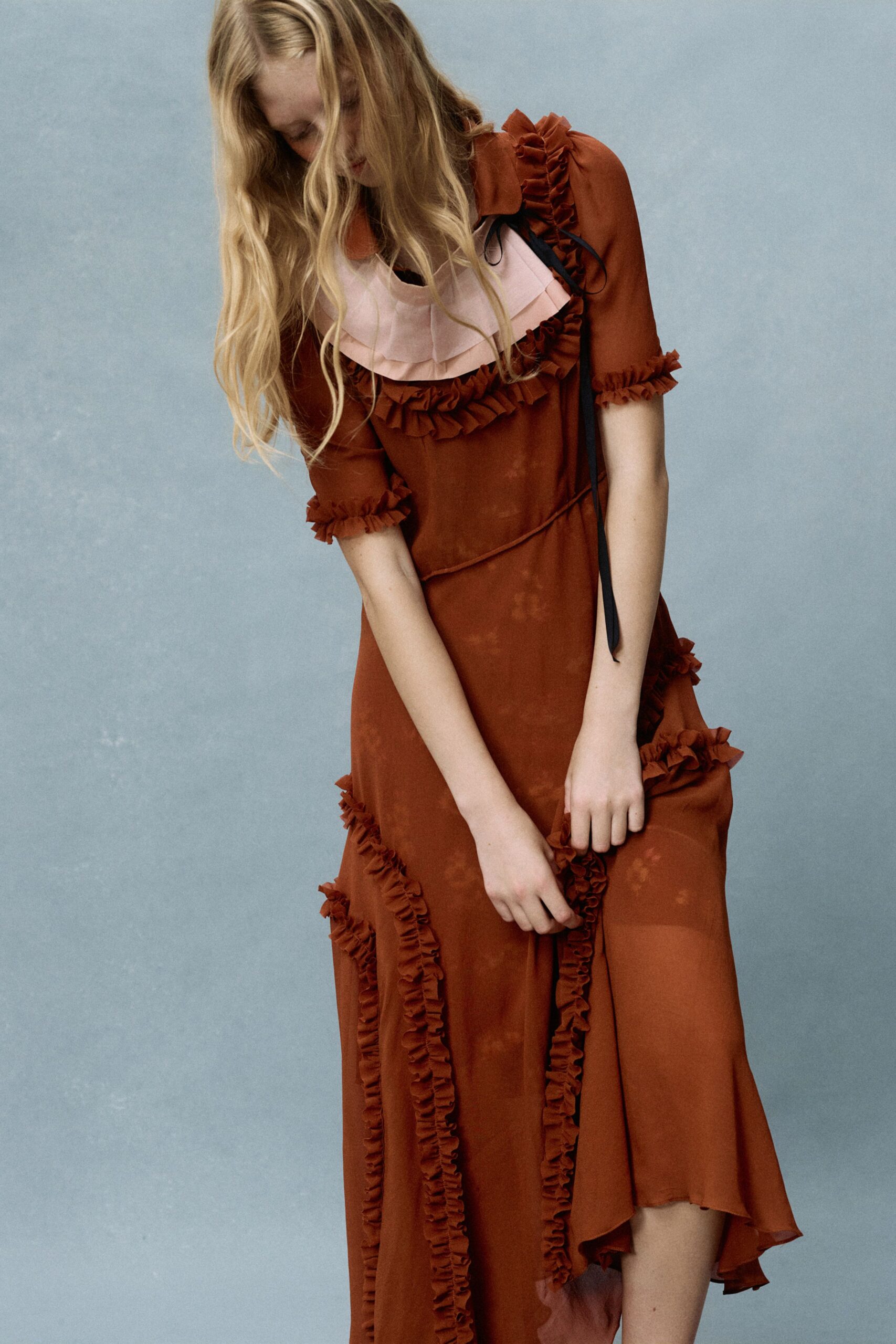 orange silk ruffled maxi dress