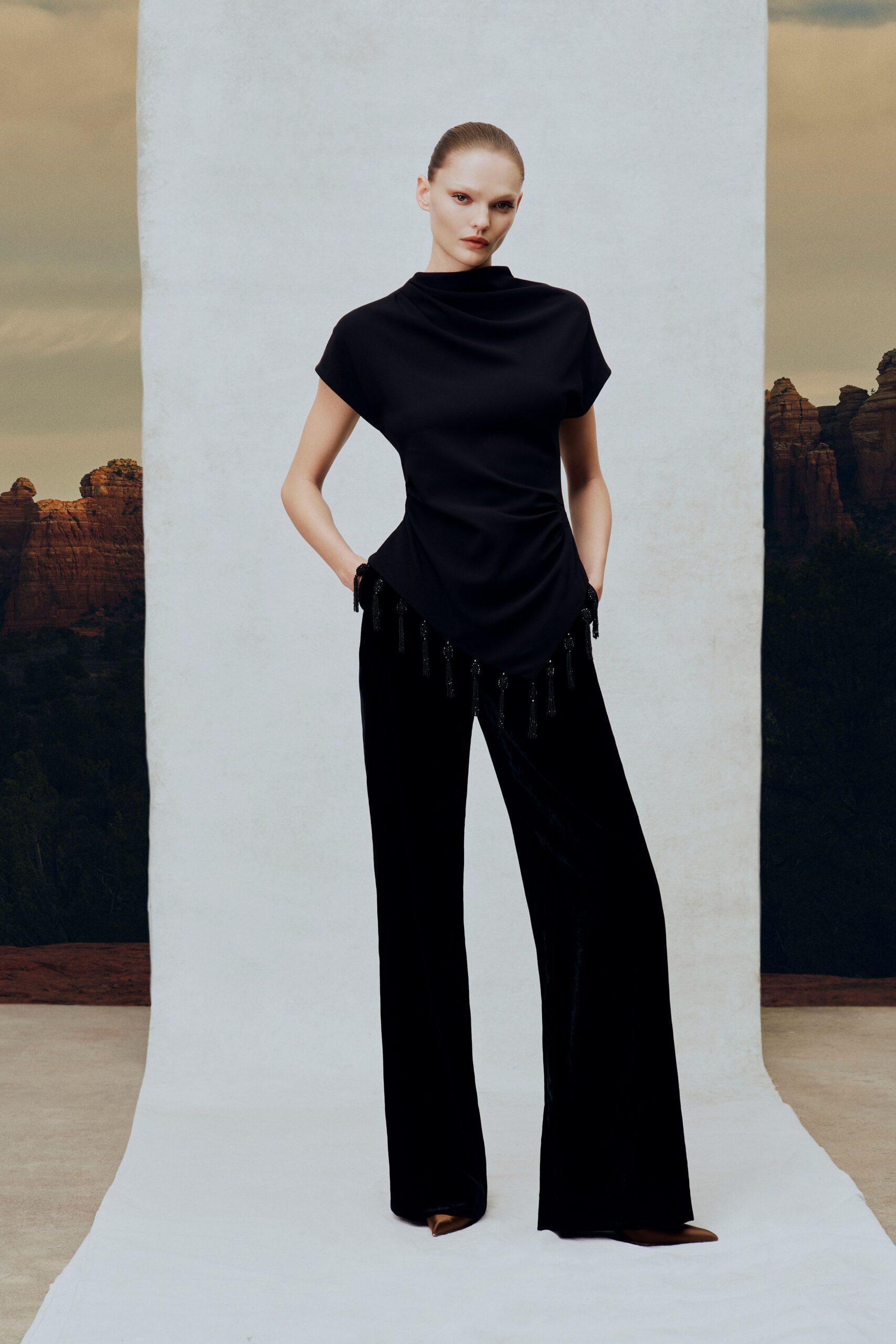 black silk short-sleeve high-neck fitted draped embellished top