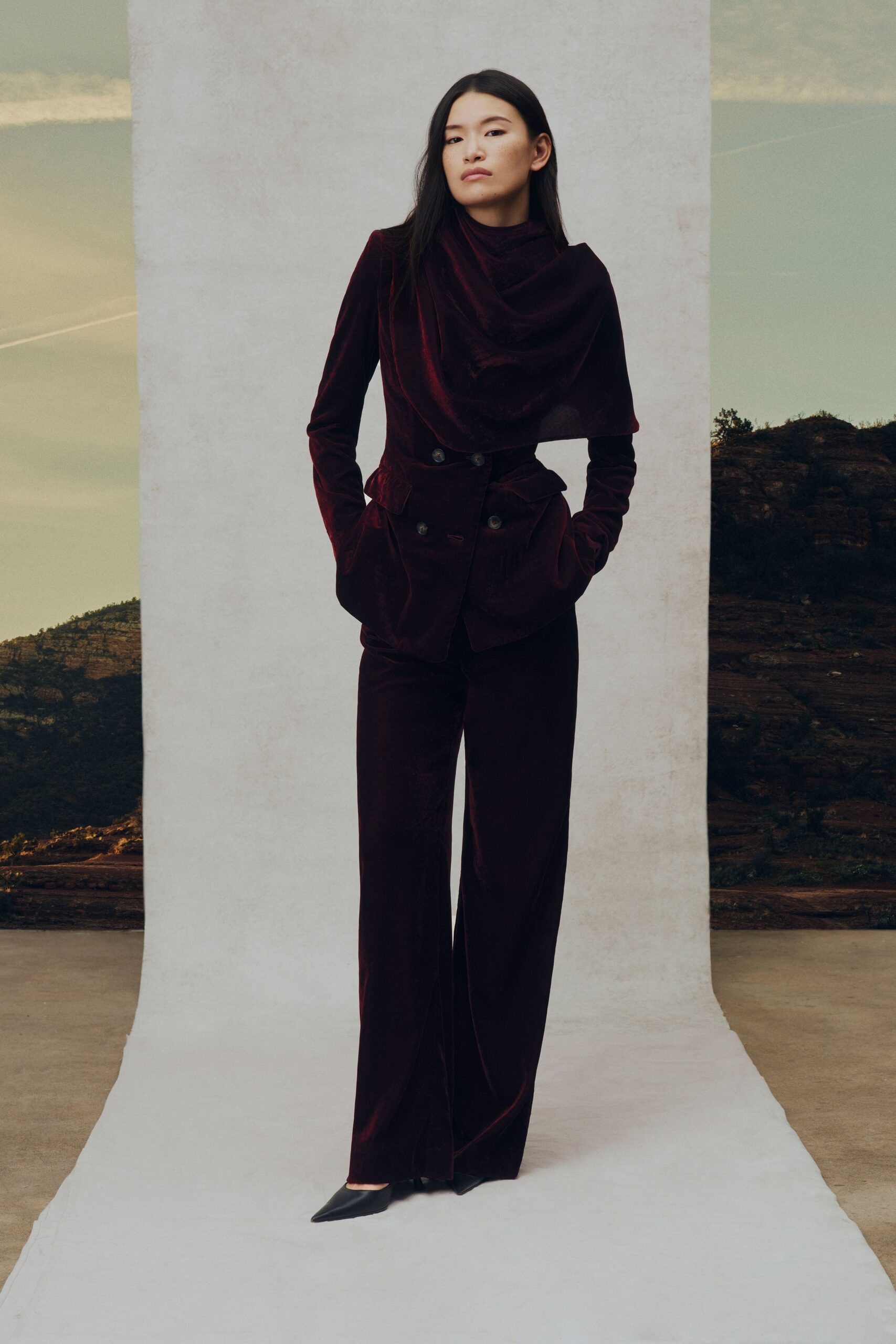 maroon velvet long-sleeve collared tailored draped blazer