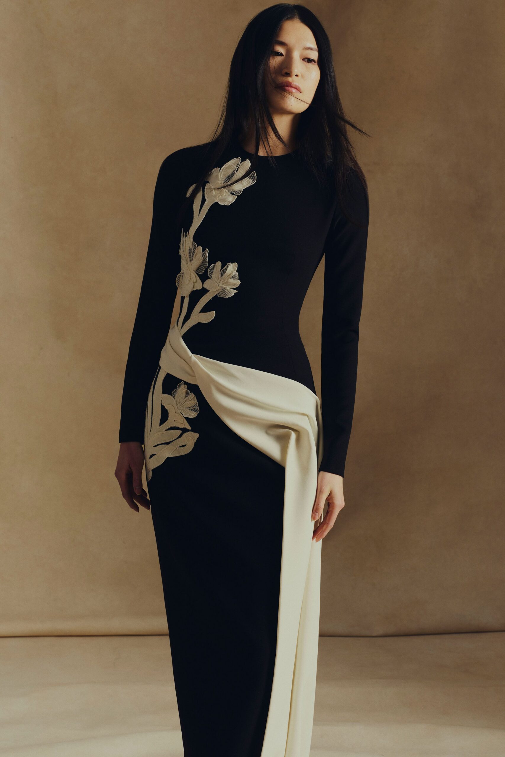 black and white embroidered gown