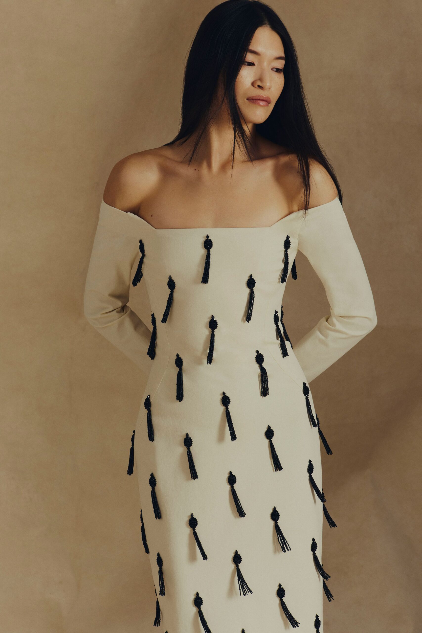 ivory silk off-shoulder gown