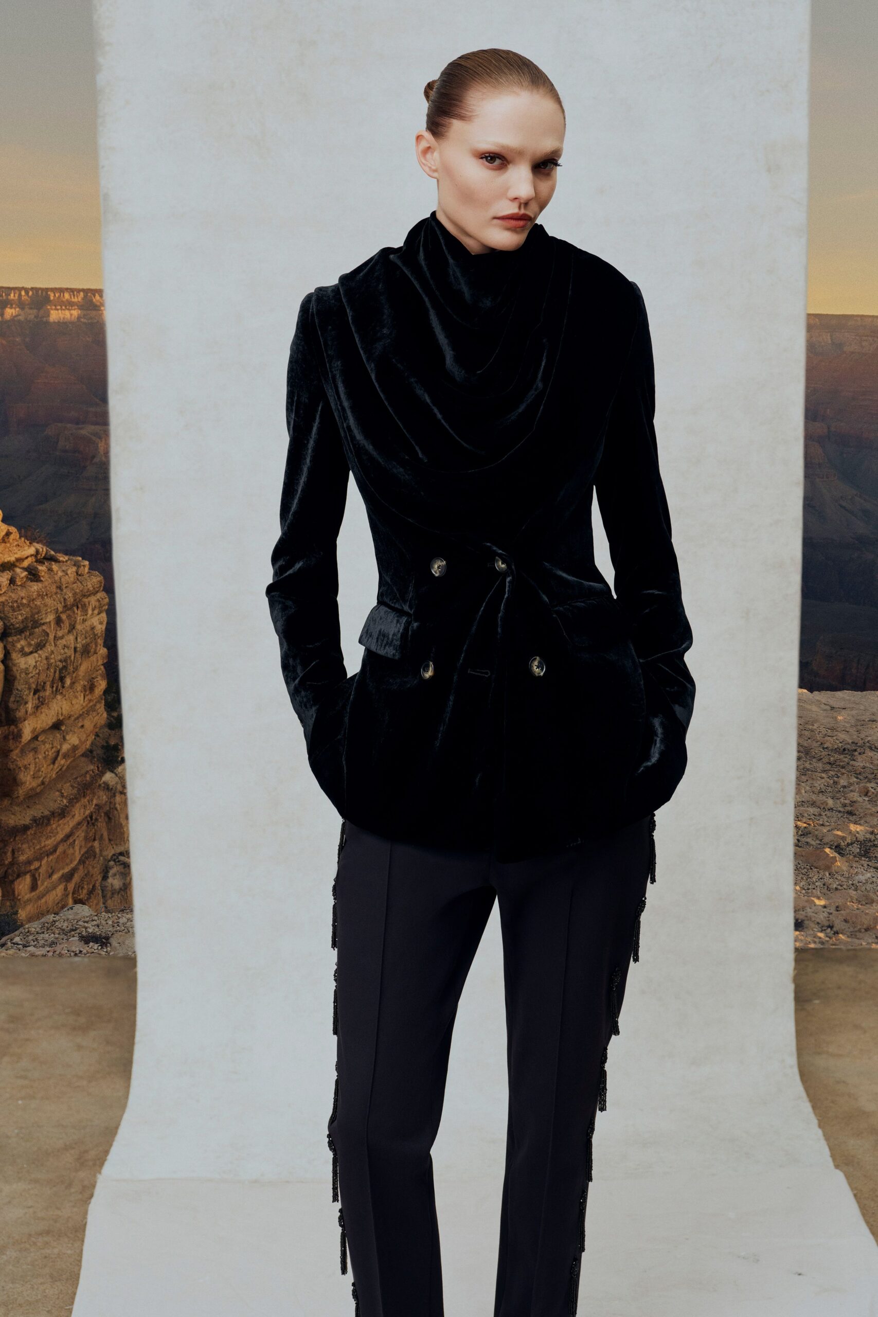 black velvet long-sleeve collared fitted draped buttoned jacket