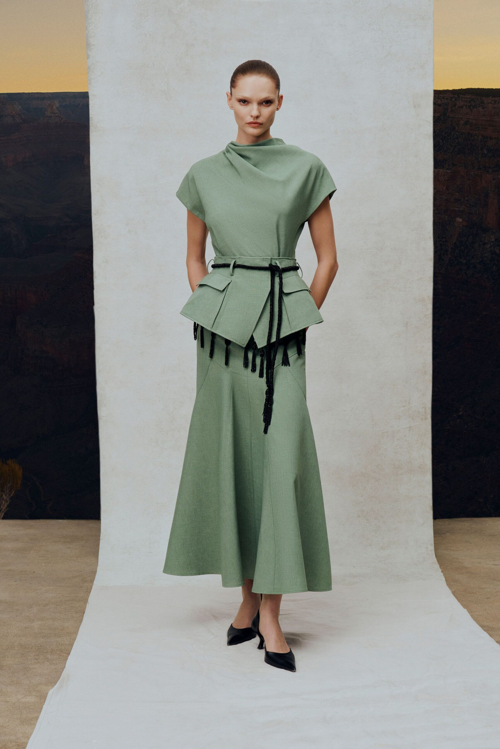 green cotton short-sleeve v-neck fitted flared midi dress
