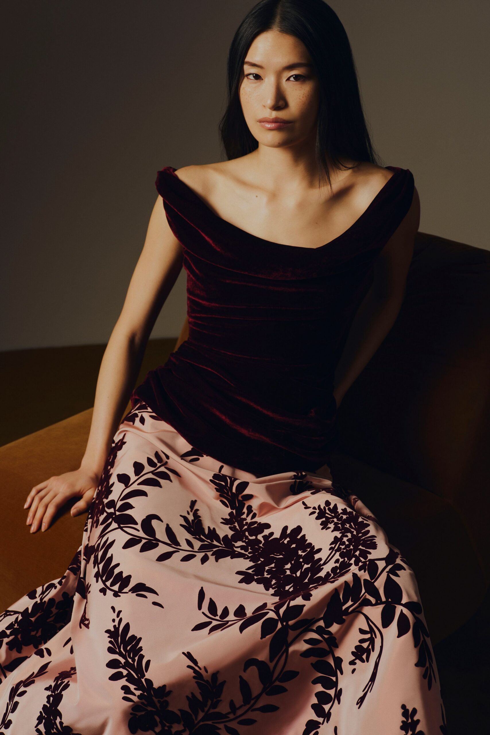 burgundy pink floral gown