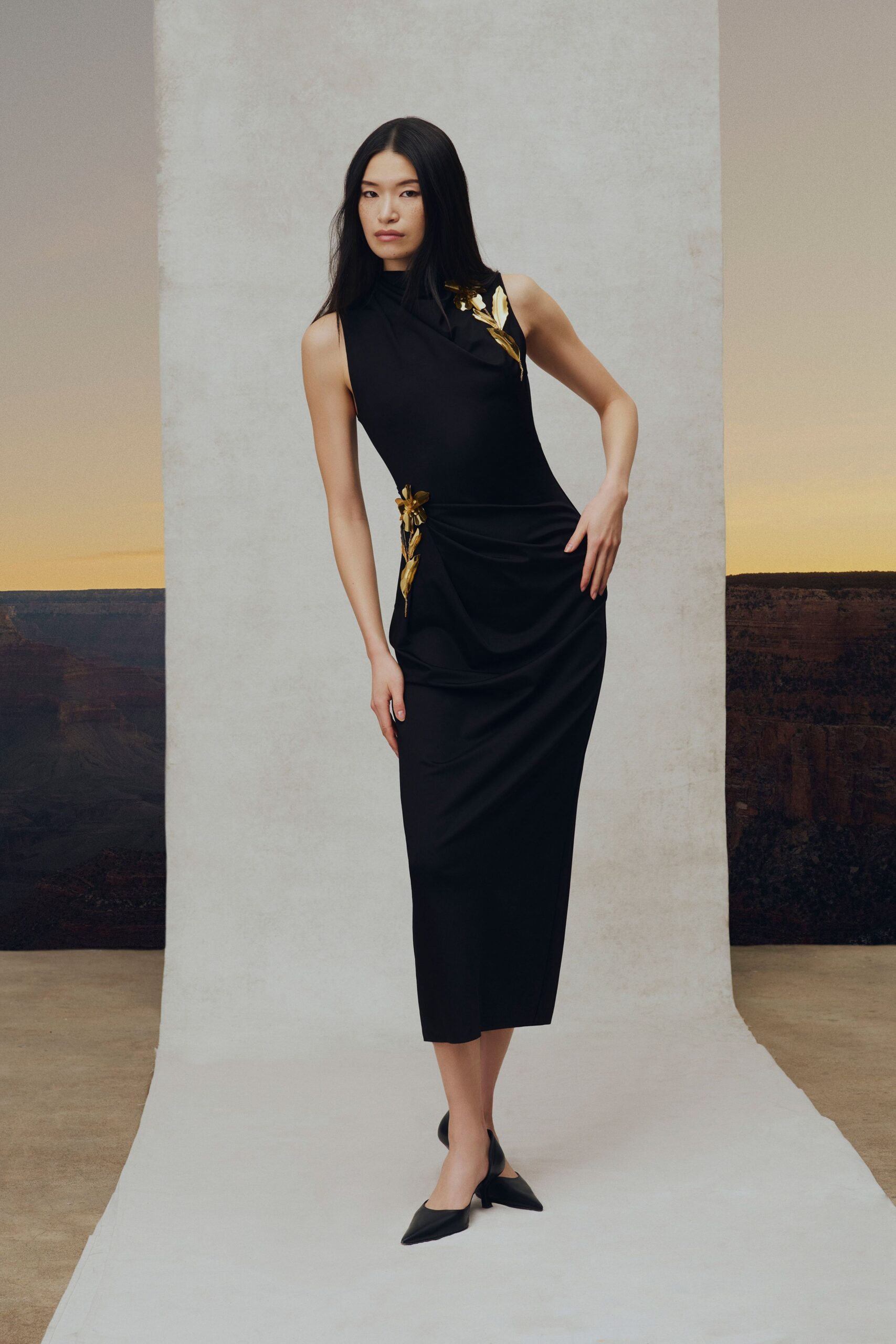 black silk sleeveless high-neck fitted draped embroidered dress