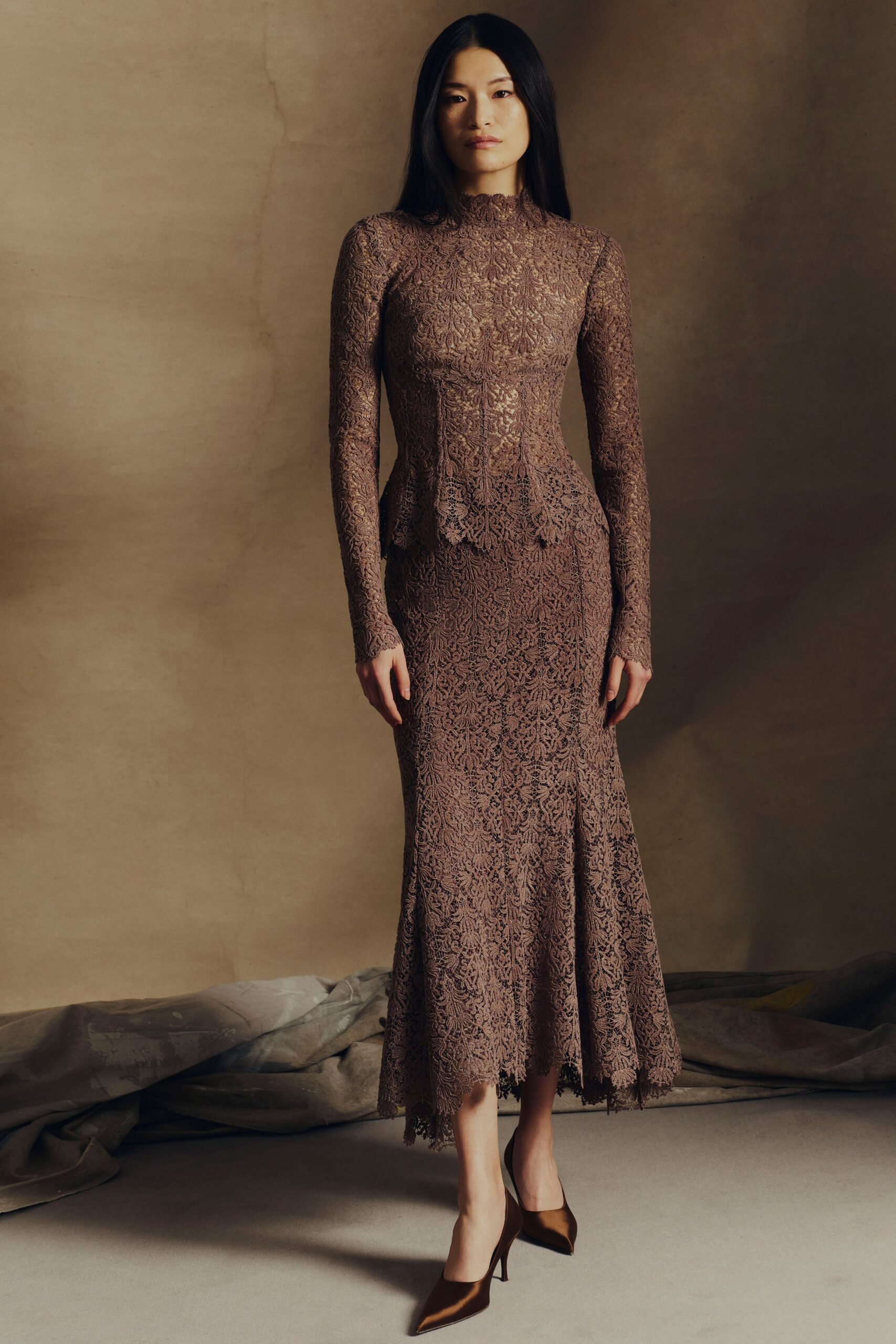 brown lace long-sleeve high-neck fitted flared midi dress