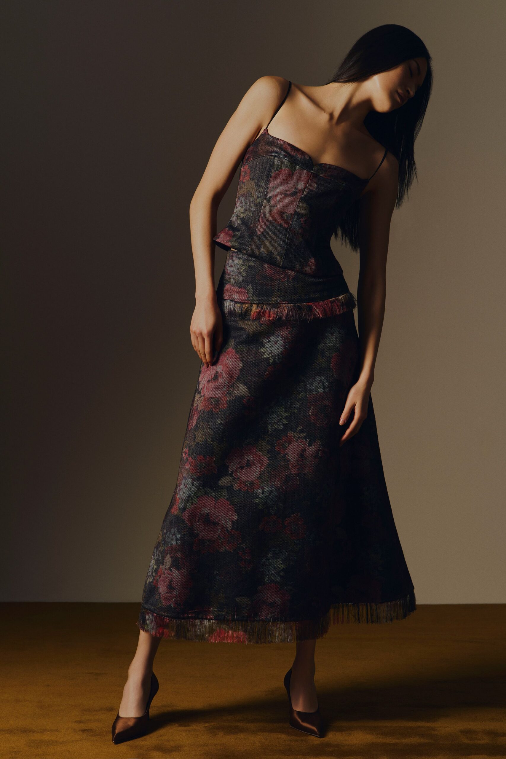 floral midi dress with brown shoes