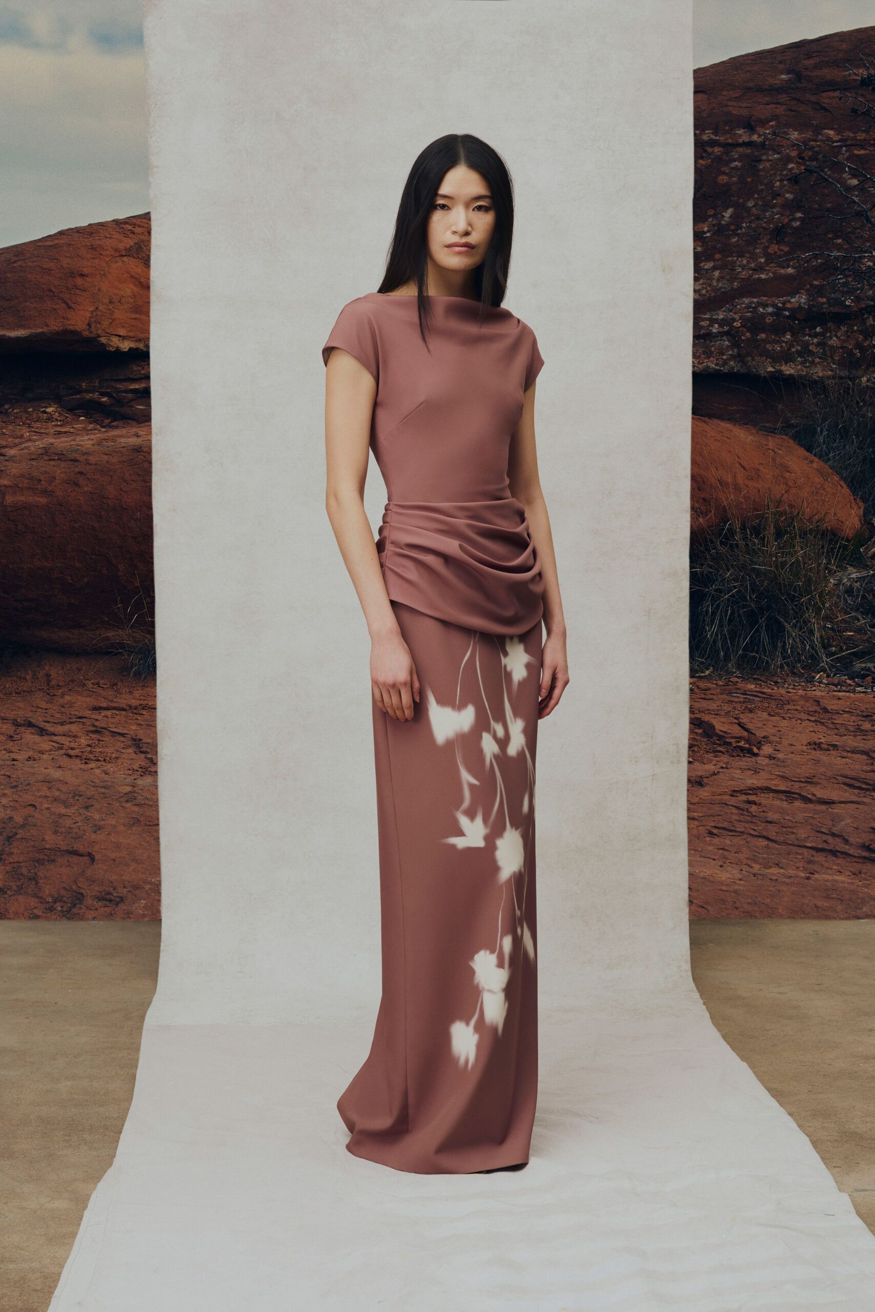 pink silk fitted gown