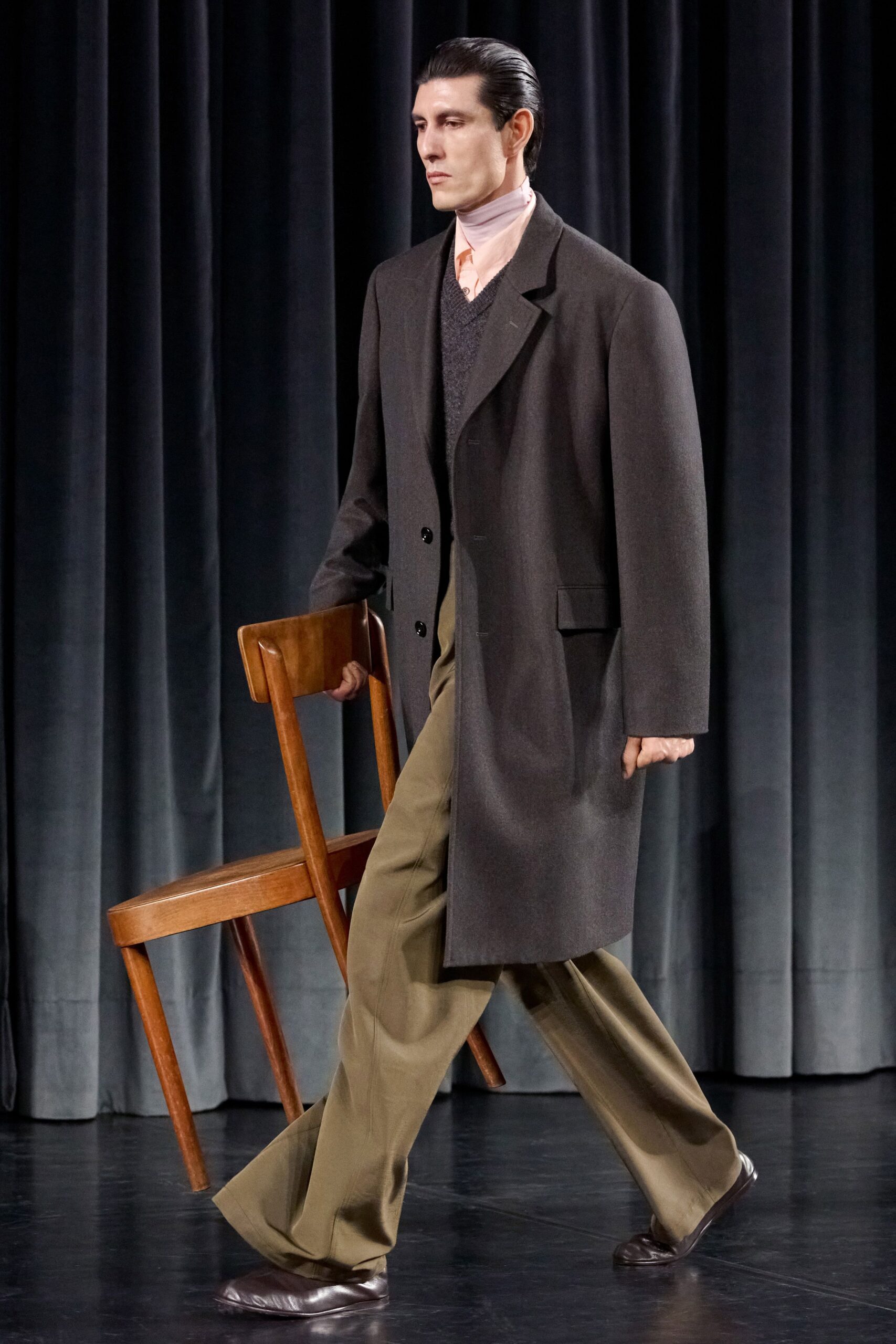 green wool tailored wide-leg pants
