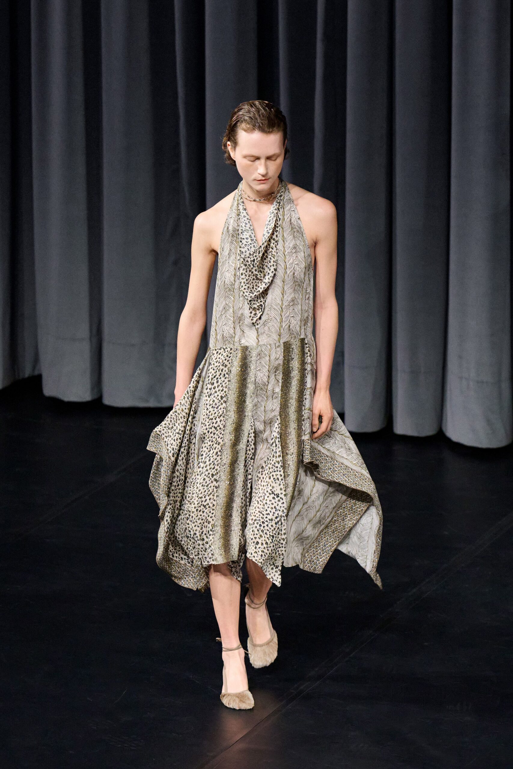 gray silk sleeveless v-neck relaxed draped printed dress