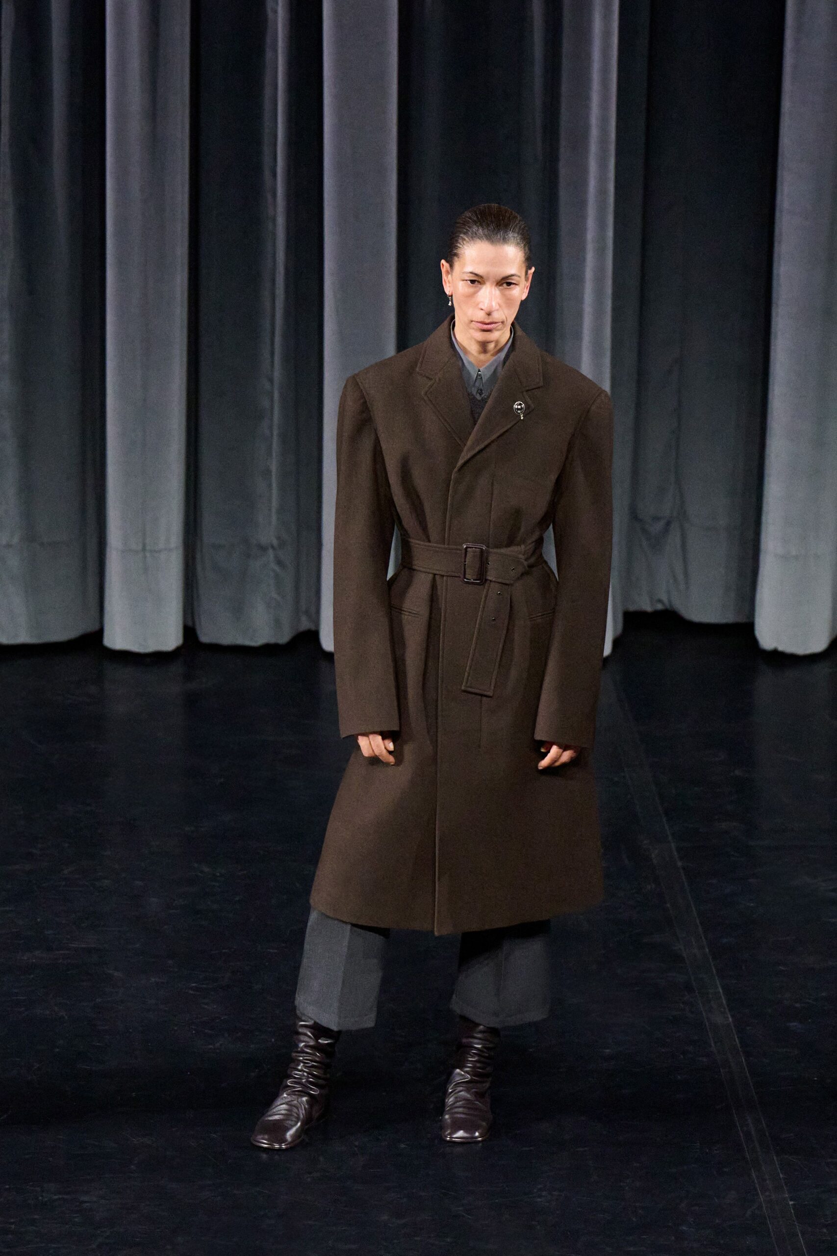 brown wool long-sleeve collared structured belted coat
