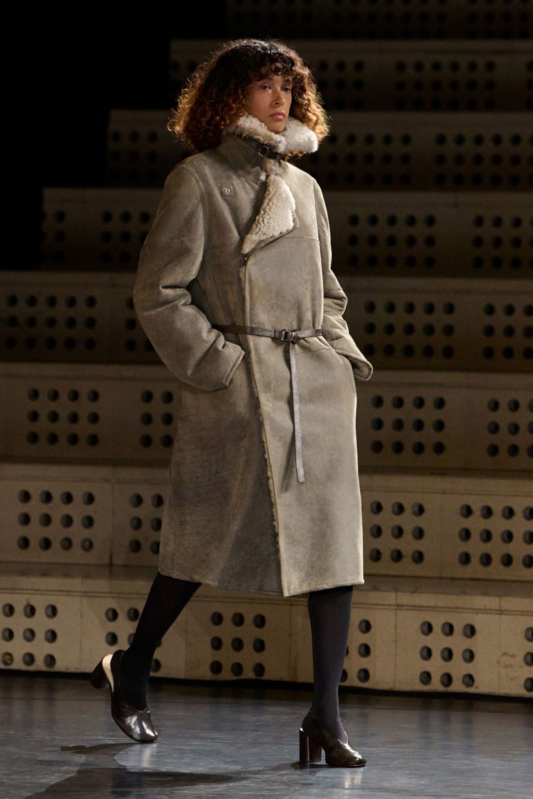 gray faux-fur long-sleeve collared relaxed belted midi coat