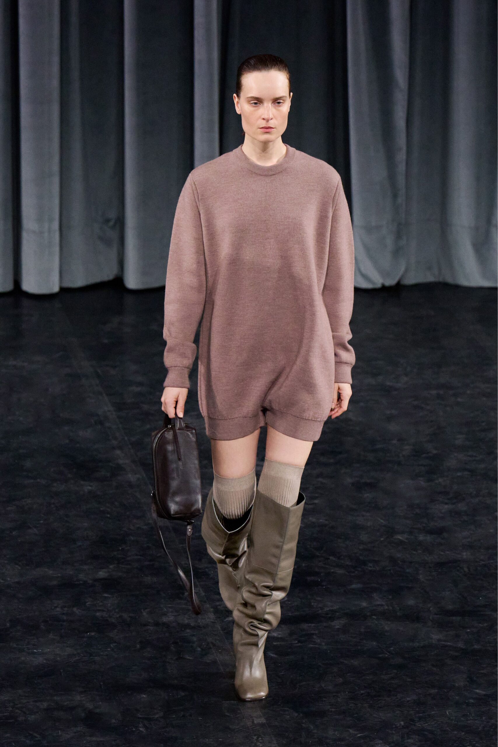 pink wool long-sleeve collared relaxed short romper
