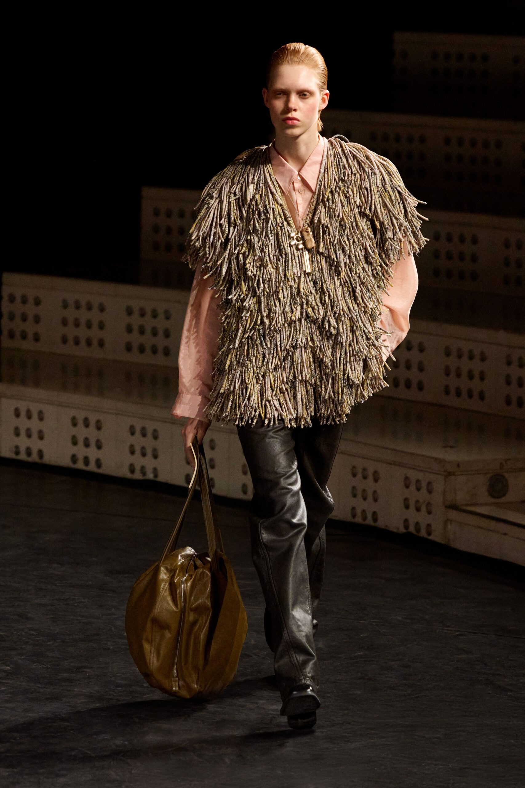 beige silk long-sleeve collared relaxed fringed top